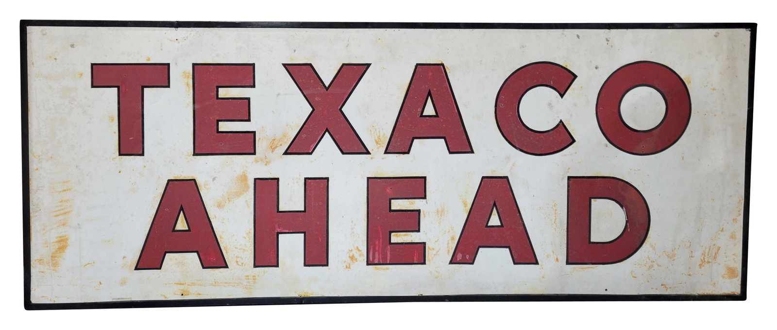 Texaco Ahead 10' SST Billboard Highway Service Station Sign: 47" x 119", SST self-framed sign with a wooden frame has good color and moderate shine. The display has general wear with discoloration and fading. The lettering has spotting with areas of color match