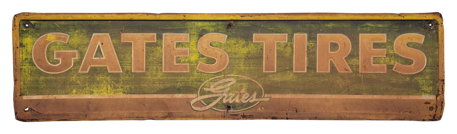 Gates Tires Embossed Single Sided Tin Sign: 54" x 14" embossed SST sign has signs of wear and age throughout with fading, small bends, surface rust, and wear at the mount holes.
