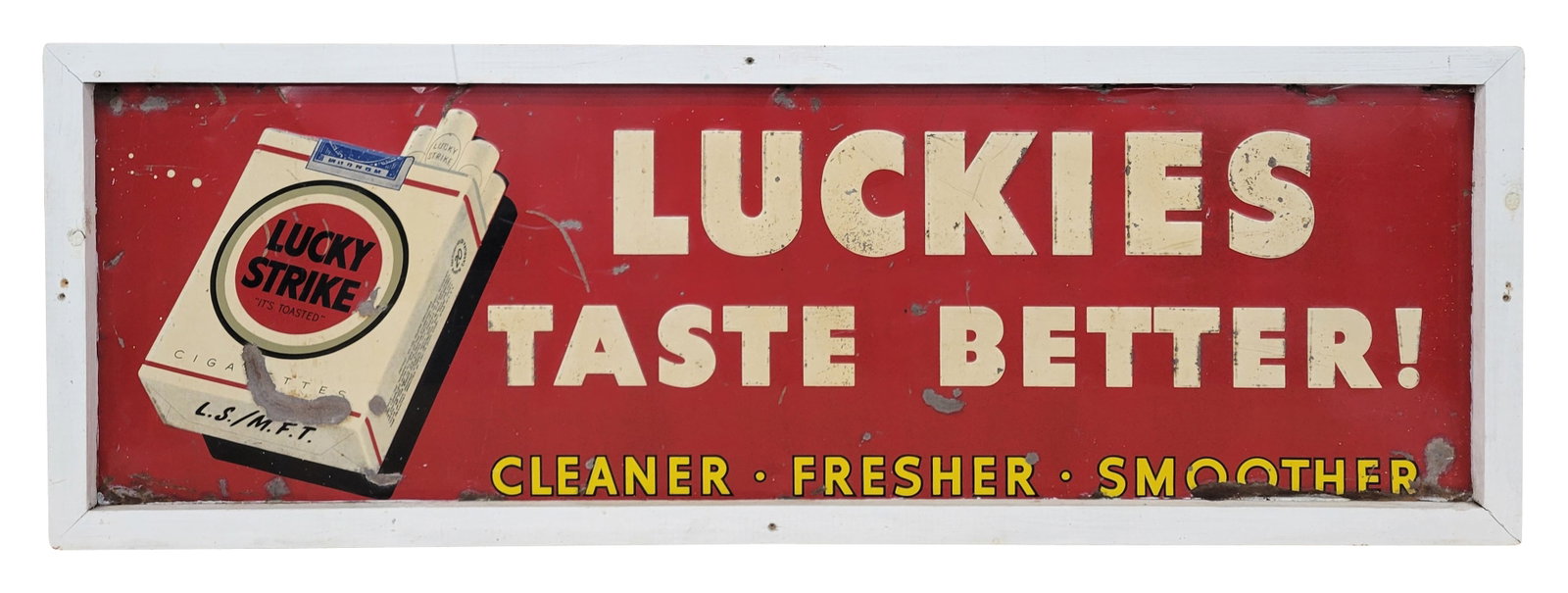 Lucky Strike Luckies Taste Better Embossed Single Sided Tin Sign In Frame: 55.5" x 19" embossed SST sign displays general wear, including scratches, chipped paint, and shallow bends. Several dots of errant white paint appear near the left edge. The sign is mounted on a wood 