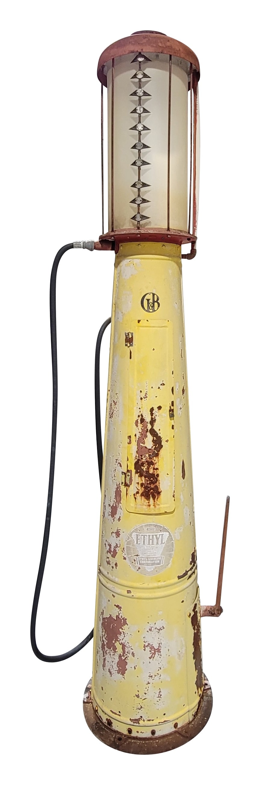 G&B Ten Gallon Visible Gas Pump Unrestored: 106" T., G&B ten-gallon visible gas pump is in unrestored condition. The pump features yellow paint with areas of paint loss, wear and an older "Ethyl" decal. It includes a hose, a nozzle, and a heavi
