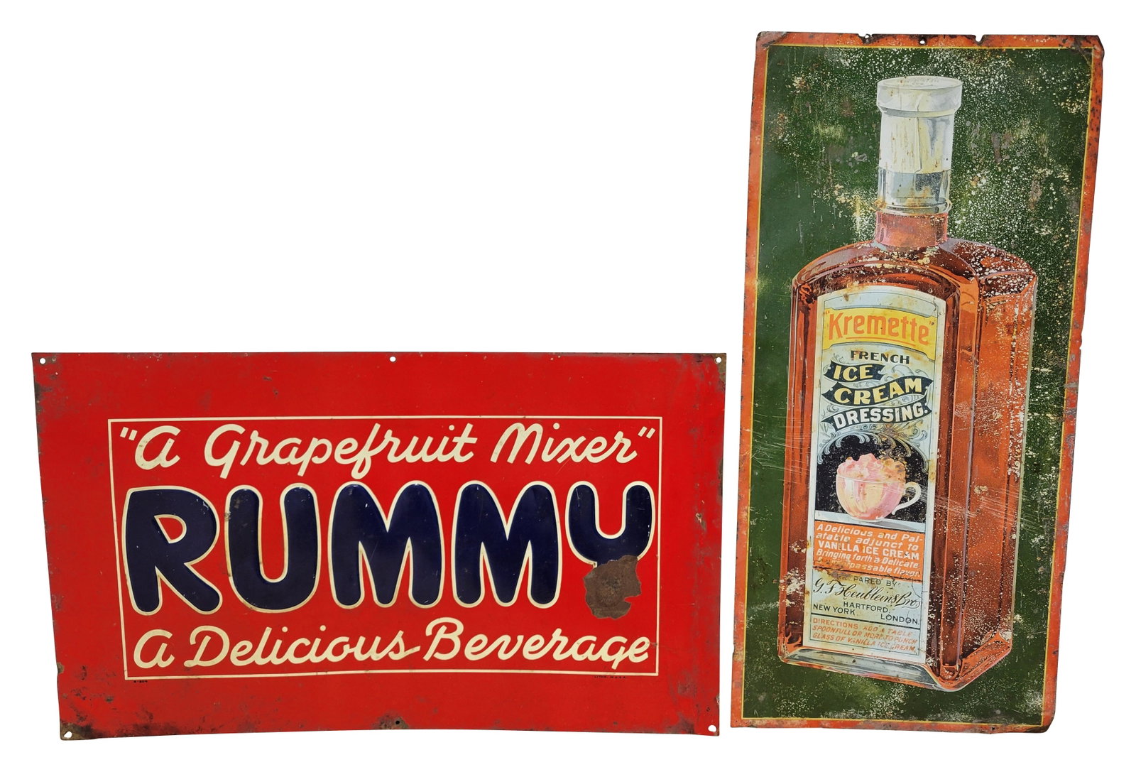 Rummy and Kremette SST Signs: Lot of 2 signs includes a 18.5" x 11" embossed Rummy sign with scratches, flaked paint, and bends. Also a 9.25" x 19.5" Kremette French Ice Cream Dressing sign with faded graphics and damage along th