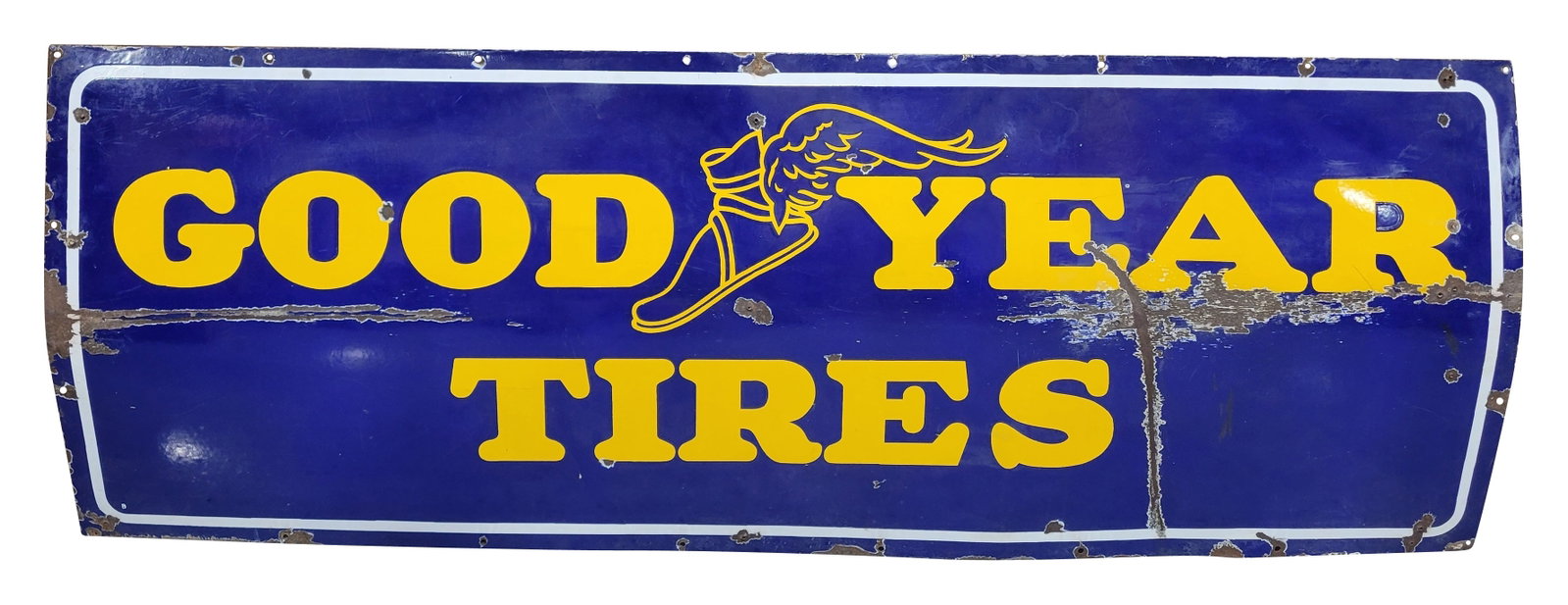 Goodyear Tires 5.5' SSP Sign w/ Wingfoot Logo: 24" x 66", SSP sign has good color and gloss. The field has chips with horizontal bends in the outer fields and a vertical bend in the lower right field. The perimeter has added mount holes with addit