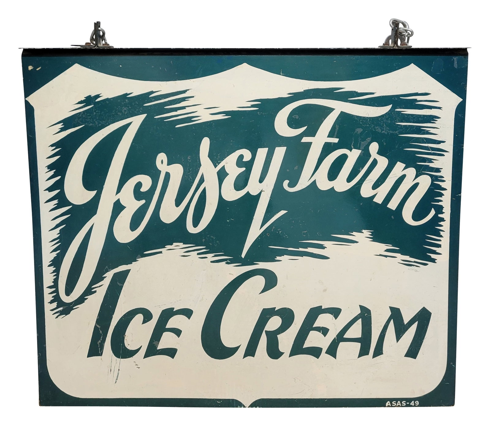 Jersey Farm Ice Cream DST Sign With Brackets: 36" x 31" double sided tin sign has been clear coated on each side. The coating is peeling off and there are visible scratches. There are brackets with chain attached to the top edge of the sign. ASAS