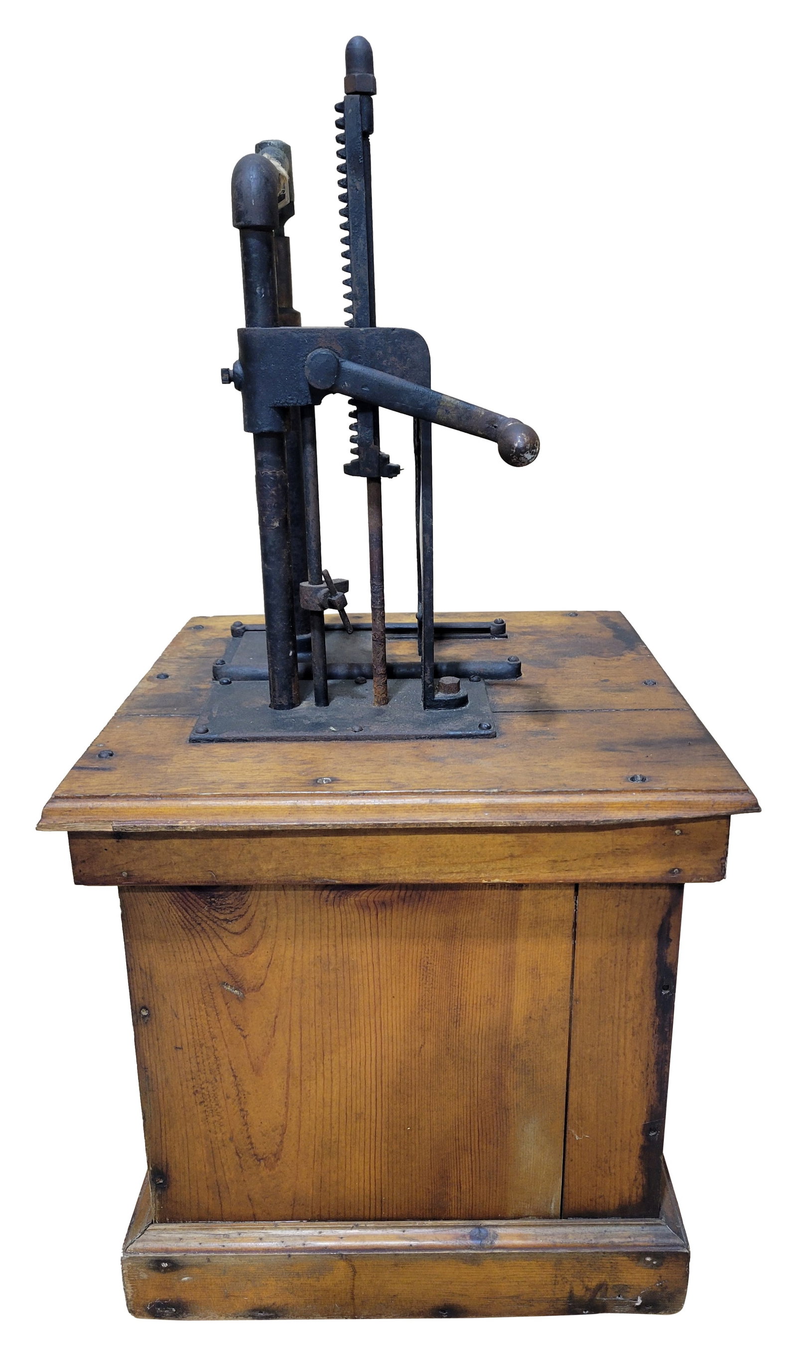 Antique Countertop Apothecary Drug Store Pump Dispenser: This antique countertop pump, measuring 16.5" x 16.5" x 33", showcases a wooden cabinet and a metal pump with embossed measurements. The consignor asserts that it was utilized as a drug store pump for
