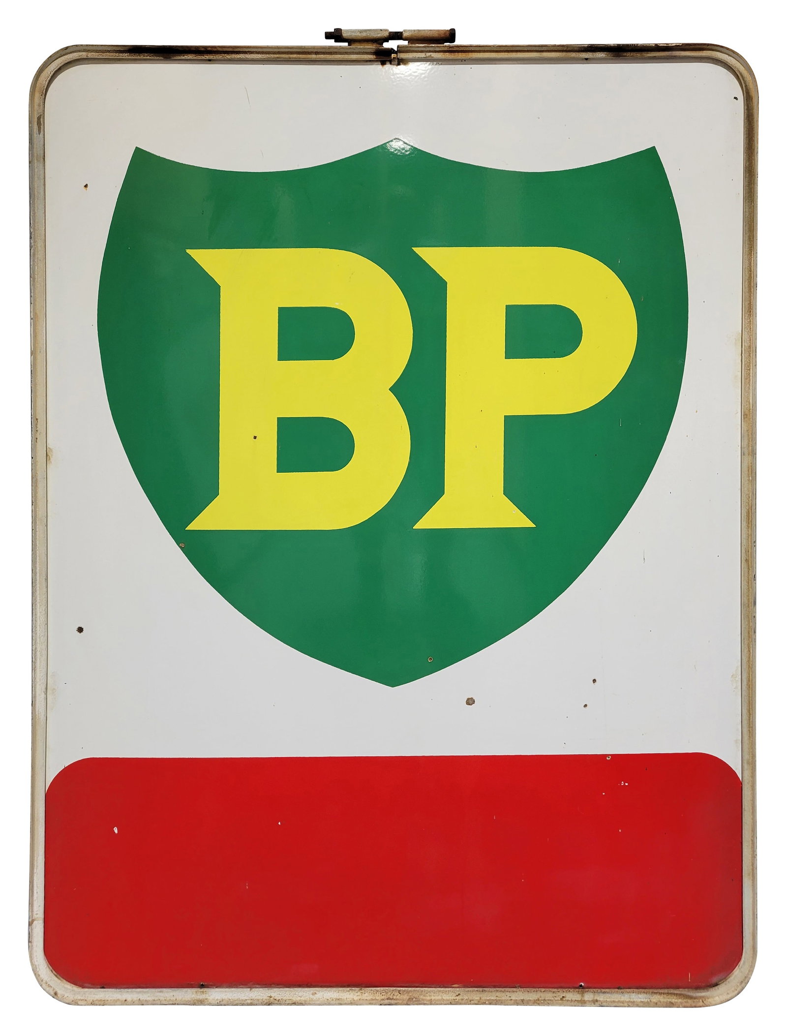 BP Gasoline 5' DSP ID Sign w/ Logo: 62" x 46", DSP sign with the original frame has excellent color and gloss. Side #1 has light wear with small chips in the fields and perimeter. The metal frame is in very good condition. Overall a cla
