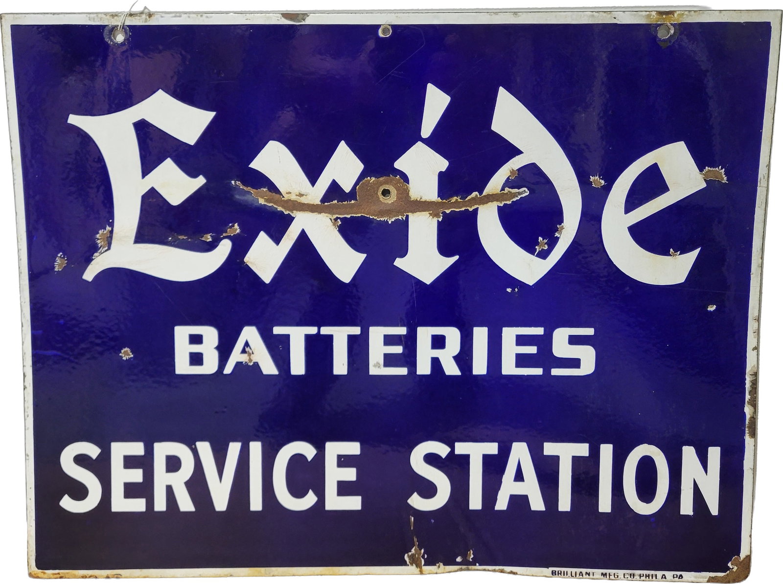 Exide Batteries Service Station DSP Sign: 26" x 20" double sided porcelain sign has good color and gloss with a bullet hole and porcelain loss in the field of each side. One side has heavy wear along the lower field with significant scratches