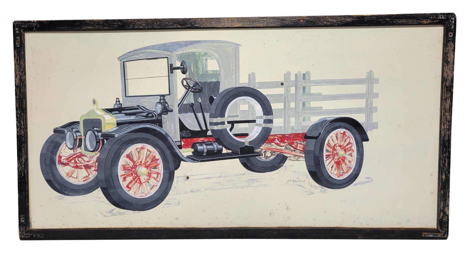 J.F. Sturdevant Art White Truck 6' SST Painting w/ Wooden Frame: 39" x 74.5", SST hand painted sign with a wooden frame. The sign features art by J.F. Studevant. The surface has areas of light wear, scuffs and fine scratches. The wooden frame is in good condition.