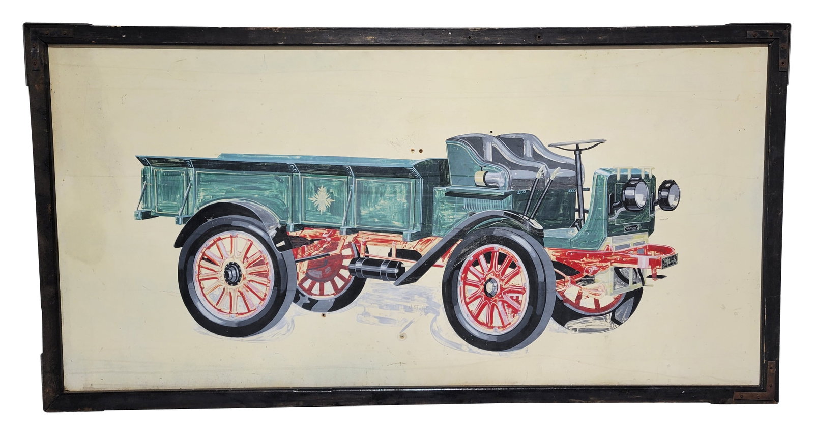 J. Sturdevant Art The Autocar Co. 6' SST Painting w/ Wooden Frame: 38" x 74.5", SST hand-painted sign with a wooden frame. The sign features art by J. Sturdevant. The surface has areas of light wear, scuffs, unused mounting holes, and fine scratches. The wooden frame