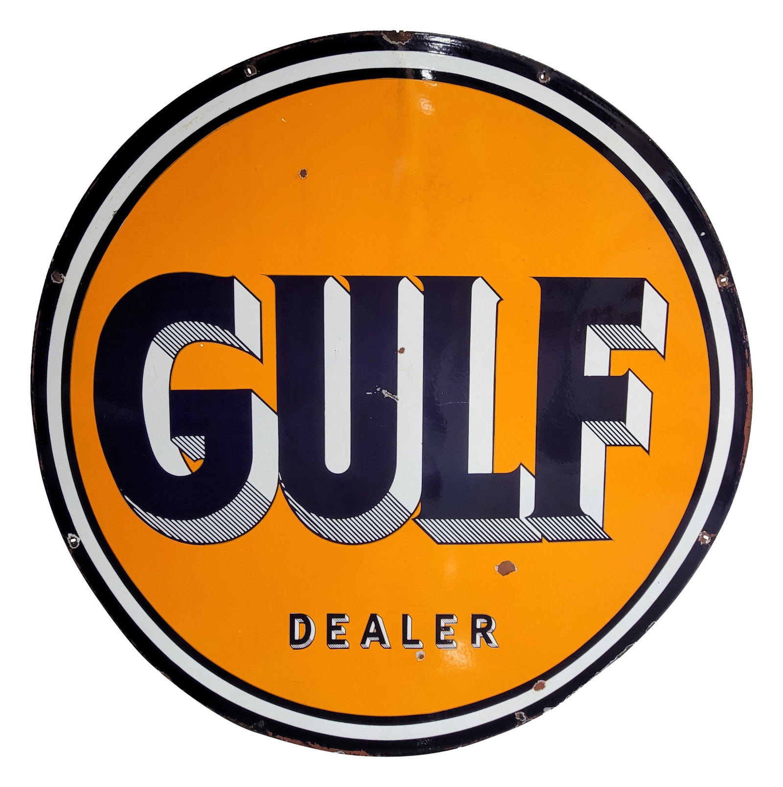 66" Gulf Dealer DSP Sign: 66" DSP dealer sign displays strong color and high gloss on side one with several chips and light stains in the field. There is wear along the perimeter and mounting holes with small chips. The revers