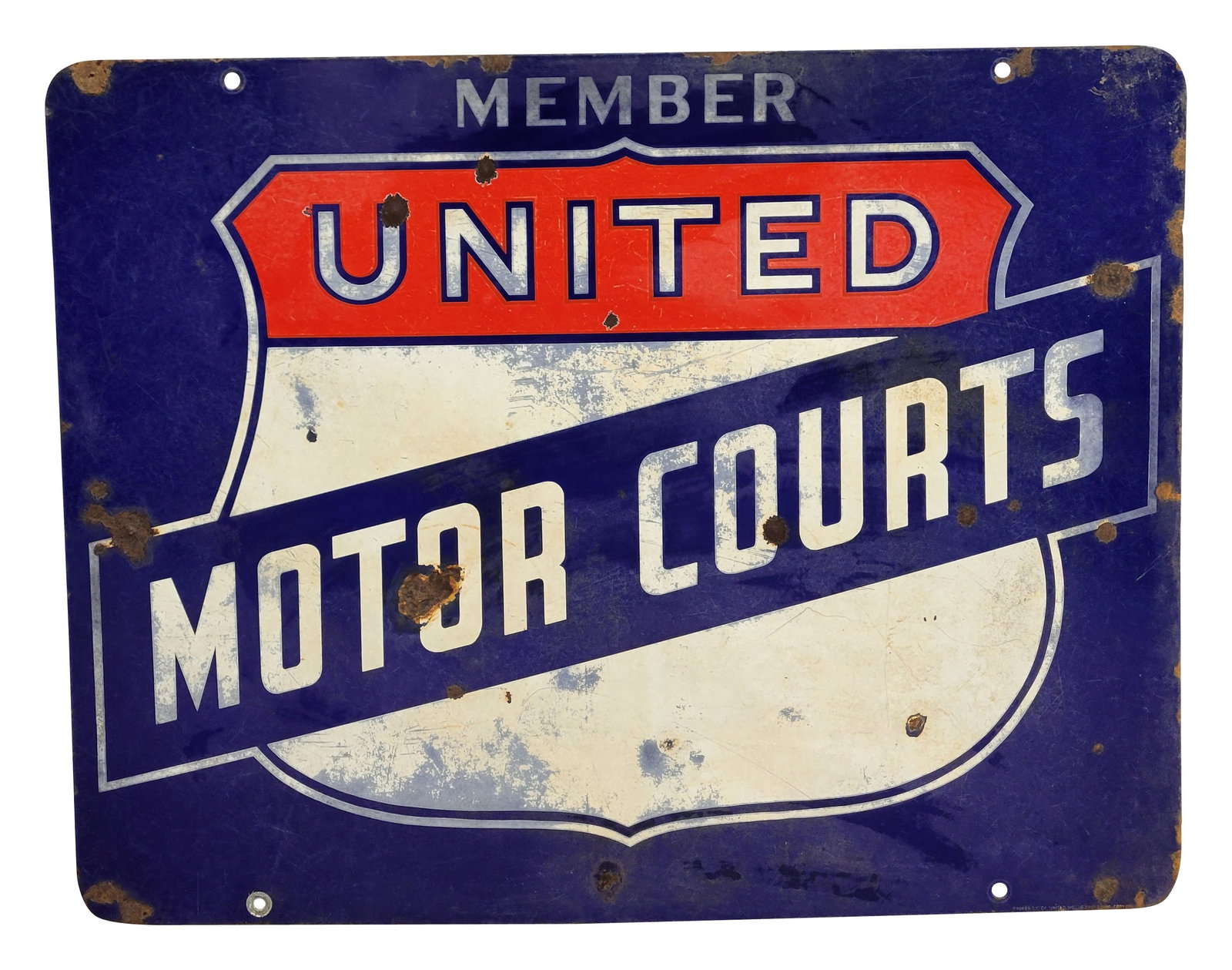 United Motor Court Members DSP Sign: 36" x 28" double sided porcelain sign exhibits age and wear throughout with fading, scratches, chips, and rust.