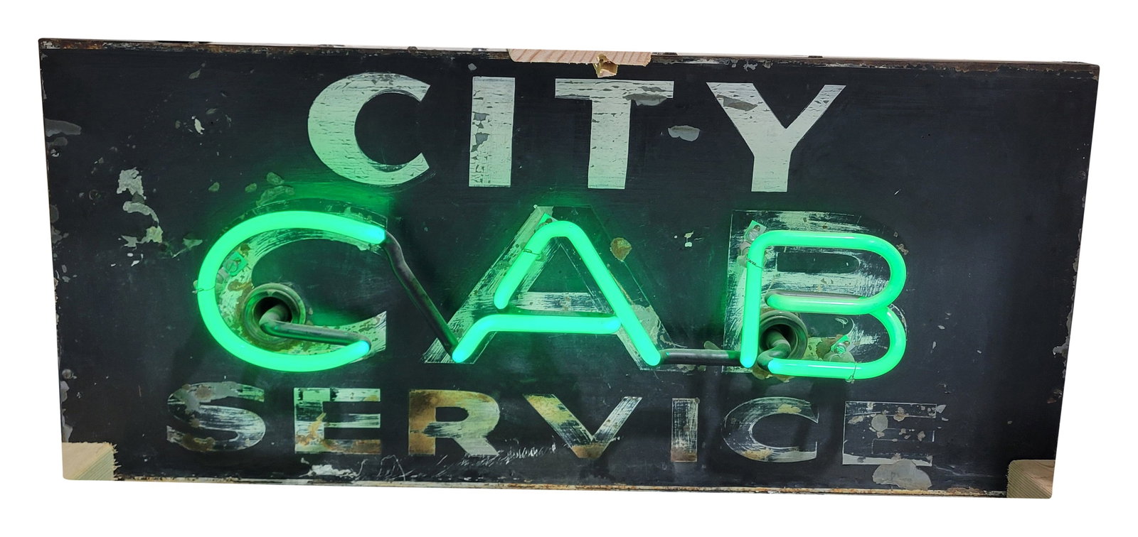 City Cab Service 33" DST Factory Neon Sign: 19" x 33.5" x 10", DST factory neon sign with the original metal can has good color and shine. The display has light wear throughout with re-touched lettering and an unused insulator hole in the left 