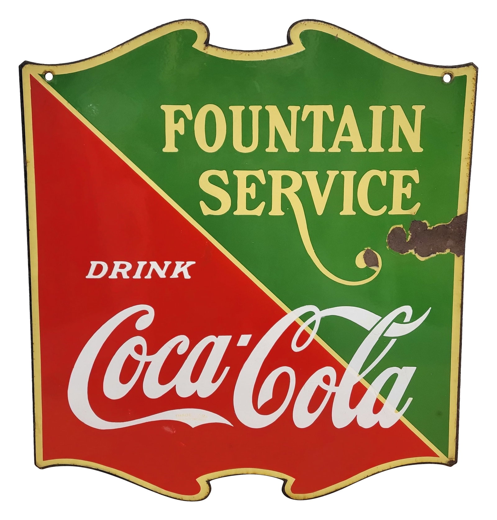 Drink Coca Cola Fountain Service DSP Sign: 23" x 25.5" double sided fountain service sign exhibits good color and gloss with several large chips at the outer edge of each side. There are also small scuffs and fine scratches throughout. The per