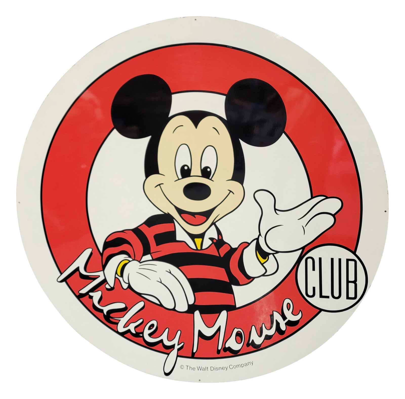 60" Walt Disney Mickey Mouse Club Single Sided Sign: 60" single sided tin sign is in excellent condition with strong colors and brilliant shine. The field is very clean throughout. There is minimal wear along the perimeter. The Walt Disney Company.