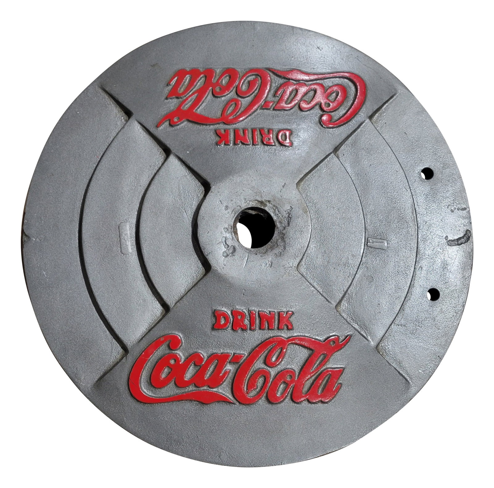 Drink Coca Cola Embossed Sign Base: 22" cast iron base is in very good condition with a 1" factory flaw near the edge. The bottom is embossed with AM.
