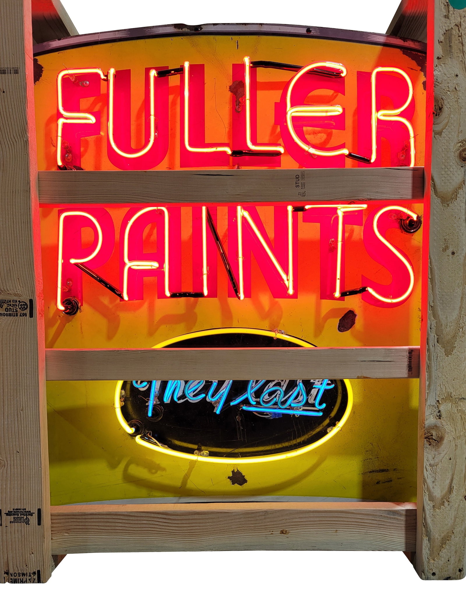 Fuller Paints "They Last" 43" SSP Neon Sign: 43" x 34" x 9", SSP sign with added neon and a metal can has good color and gloss. The sign features three-color neon with flashing "They Last" lettering and surround. The display has surface wear wit