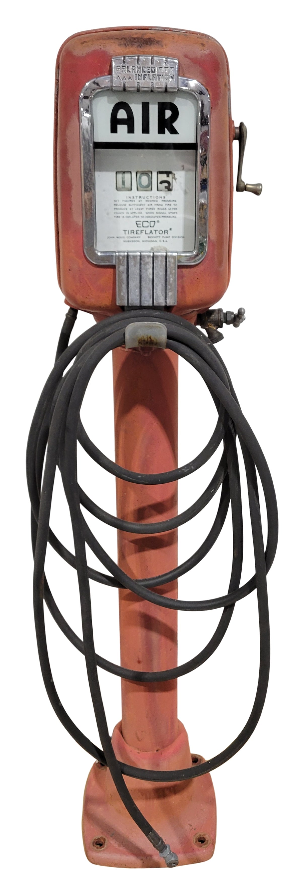 Eco Tireflator Air Meter With Water Model 98: 49.5"t Model 98 Eco Tireflator is in original condition with the water spigot on the side. The air meter has normal signs of age and wear with faded paint and minor pitting in the chrome. Hose is inc