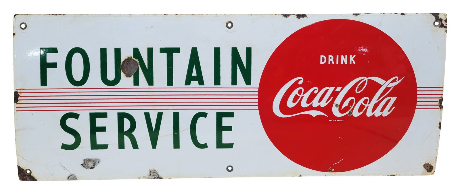 Drink Coca Cola Fountain Service Single Sided Porcelain Sign: 29.5" x 11.75" SSP sign has wear with dings and porcelain chips in the field and along the perimeter. There is crackling in the porcelain around several of the mounting holes at the corners.