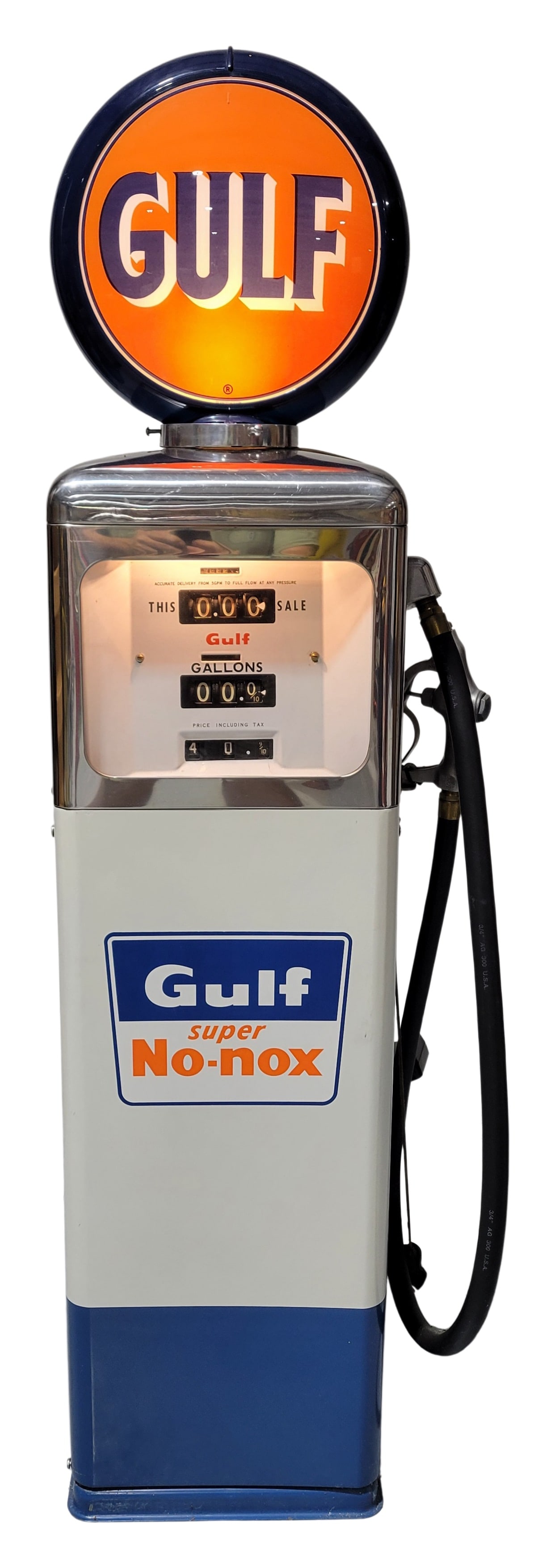 G&B Model #101 Computing Gas Pump Gulf Gasoline: 69" T., G&B Model #101 computing gas pump has been restored. The pump features two-tone blue and white paint with chrome accents. The paint has light wear with minor indentations along the edges and t