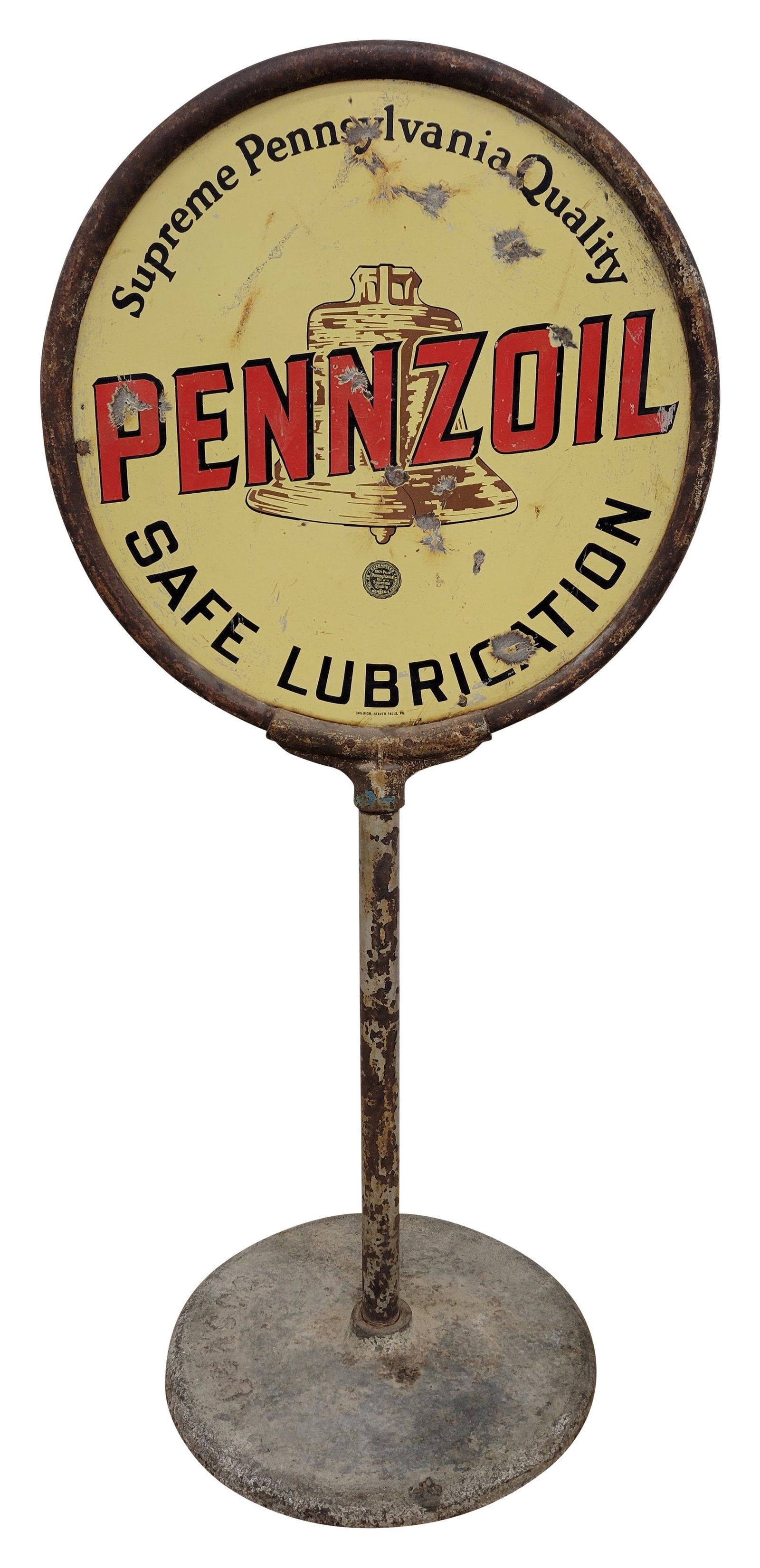 Pennzoil Safe Lubrication Service Station Lollipop Curb Sign: 24" x 53" x 19" double sided porcelain lollipop sign showcases the bell logo. Each side exhibits wear, including shallow dings, chips, and scratches. The metal ring and base display signs of age, with