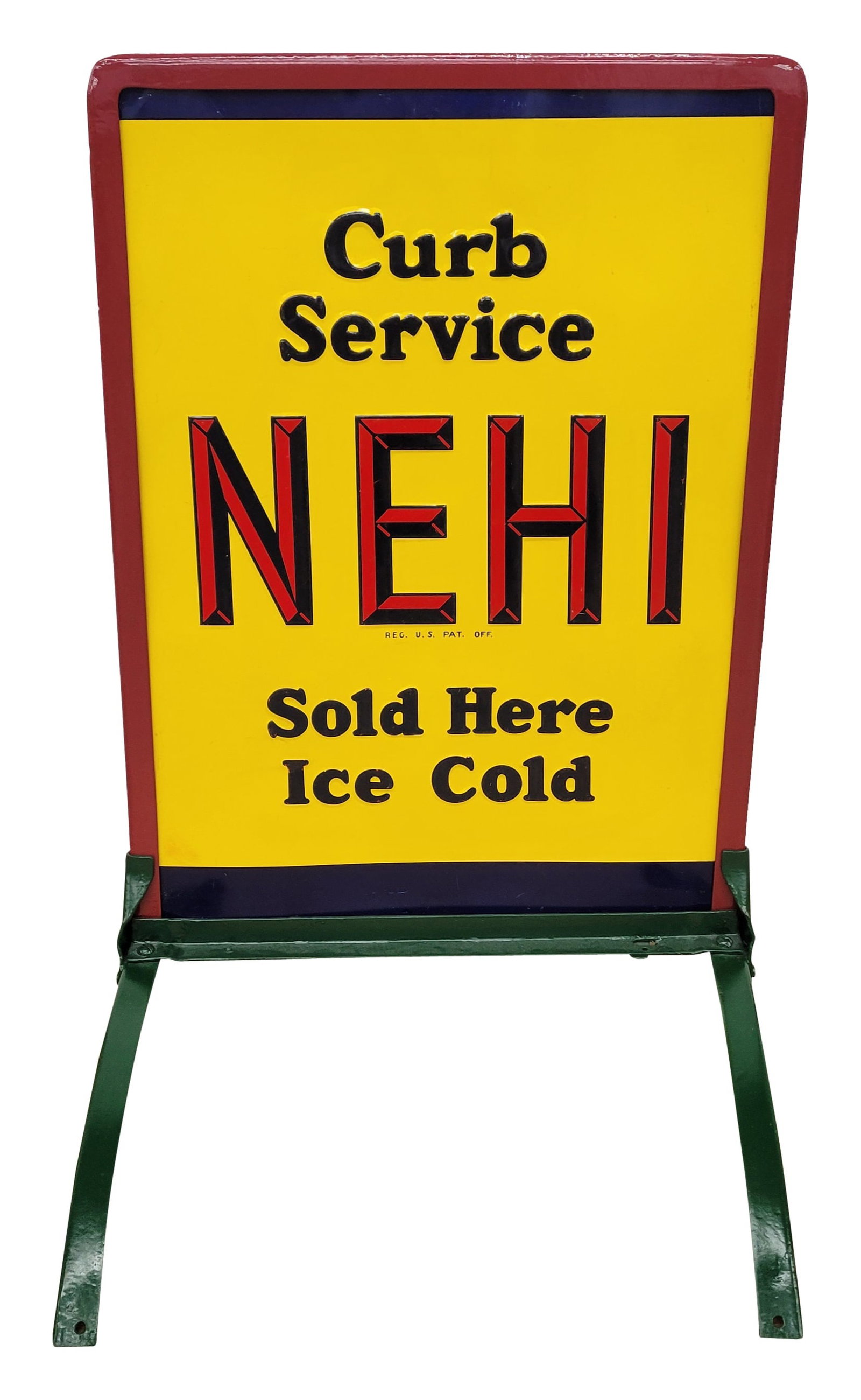 Curb Service Nehi Sold Here Ice Cold Sidewalk Sign: 20.5" x 24" x 33.5", Single sided sidewalk sign features a repainted metal stand in excellent condition with an embossed SST Nehi sign with bright colors and high shine. The sign displays very well w