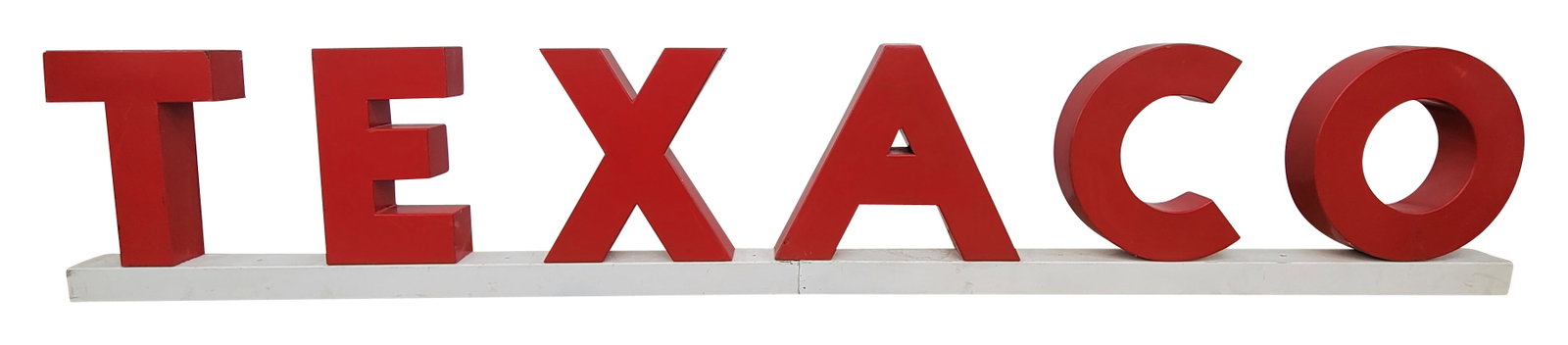 Texaco Gasoline Service Station 3D Letter Sign: 24.5" x 142" x 4", SSP three-dimensional letter sign with metal channel has very good color. The letters have been repainted and show areas of light wear, scuffs and color-matched chips. The lower cha