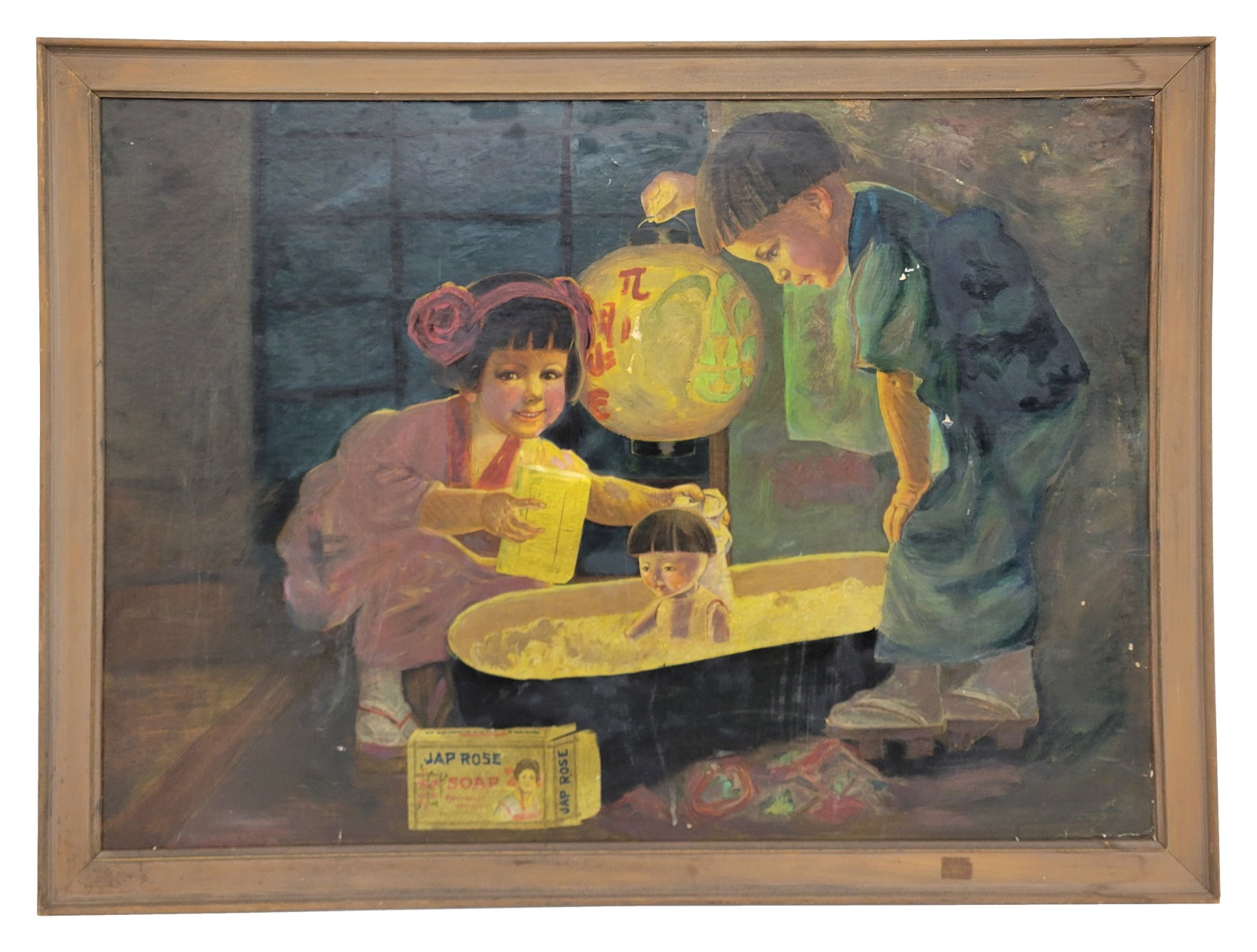 Jap Rose Soap Cardboard Advertising In Frame: 38" x 28" cardboard advertising is displayed in a simple wooded frame (no glass). There are painted touch ups throughout the field with several scratches, nicks in the surface, and small creases. Ther