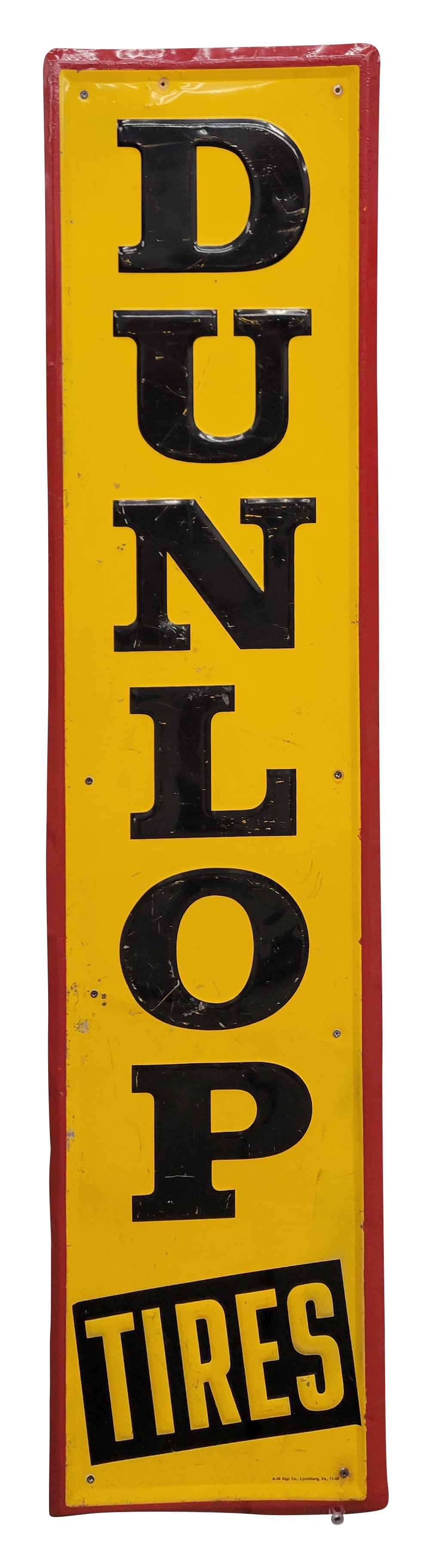 Dunlop Tires Embossed Single Sided Tin Sign: 13.75" x 60" vertical embossed self framed SST sign displays wear throughout with scuffs, scratches, and small bends. The red perimeter has been repainted and the sign has been mounted to a new wood f