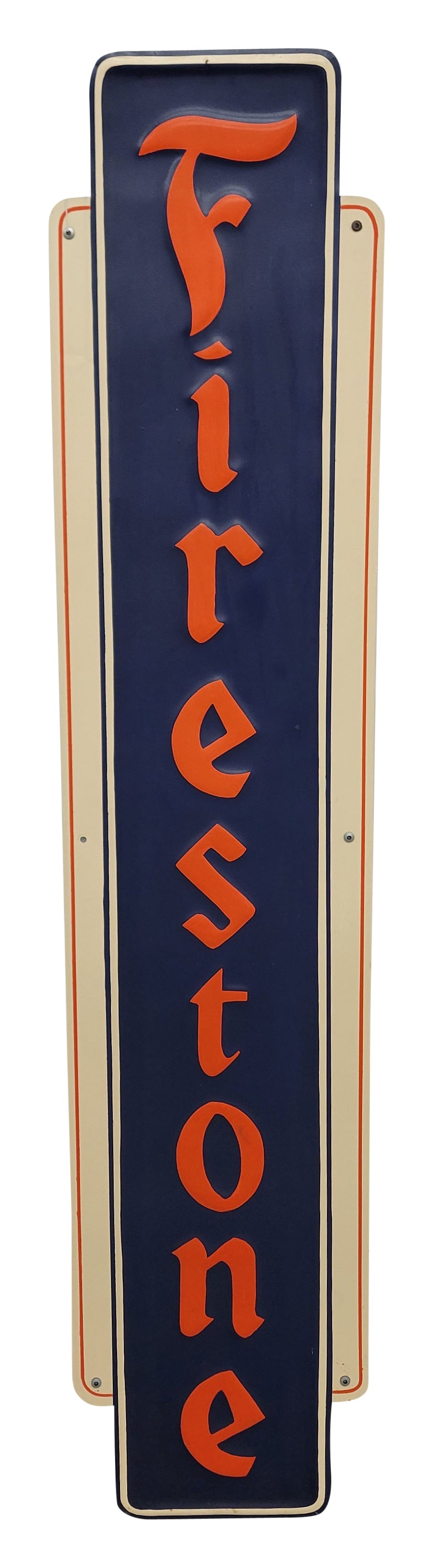 Firestone Embossed Single Sided Tin Sign: 15" x 71" vertical embossed SST sign displays bright colors and has been professionally repainted throughout. There is a small paint chip with rust on the upper edge.