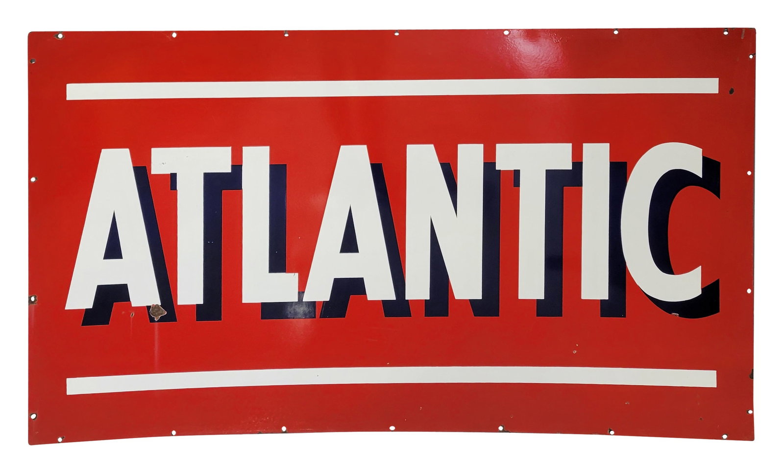 Atlantic Gasoline DSP Service Station Sign: 72" x 42" double sided porcelain sign exhibits excellent color and gloss throughout each side. There are a few small chips on each side and a minor shallow bend at one upper corner. The sign displays
