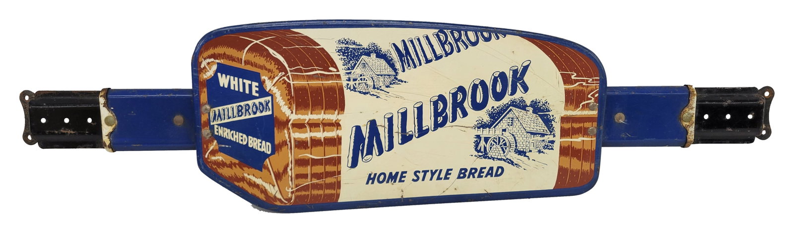 Millbrook Home Style Bread Double Sided Door Push Sign: 35" x 8.75" (the bracket is adjustable) double sided metal door push exhibits general wear throughout the graphics with scuffs, scratches, and specks of flaked paint. The perimeter shows wear with