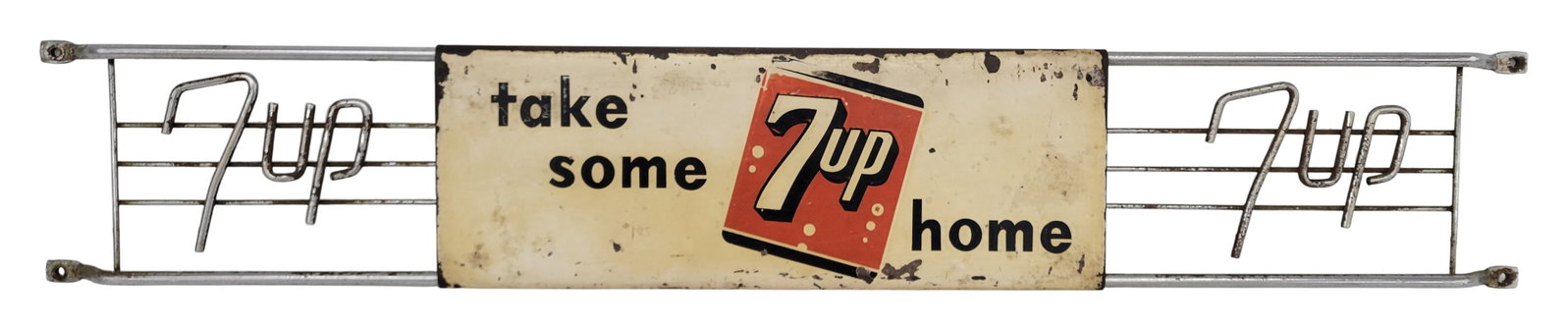 Take Some 7Up Home Door Push: 32" x 5.25" door push includes a single-sided tin sign that exhibits typical signs of wear, such as discoloration and chipped paint. The metal frame features the 7Up logo with normal wear and light su