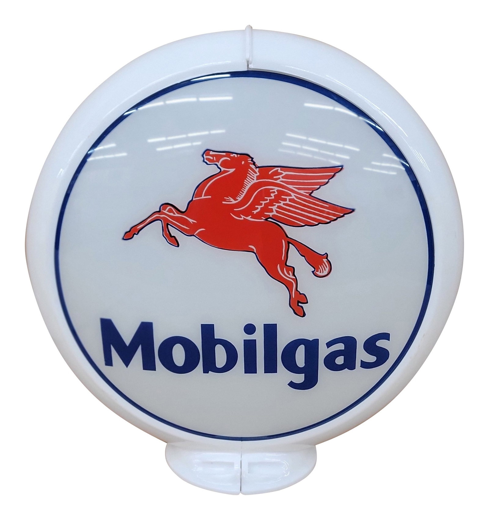 Mobil Gasoline Complete 13.5" Capco Body Gas Pump Globe: Two 13.5" lenses mounted in a capco body have excellent color. Both lenses have clean fields with one lens having a small chip at the left hand notch. The capco body is in excellent condition. The len