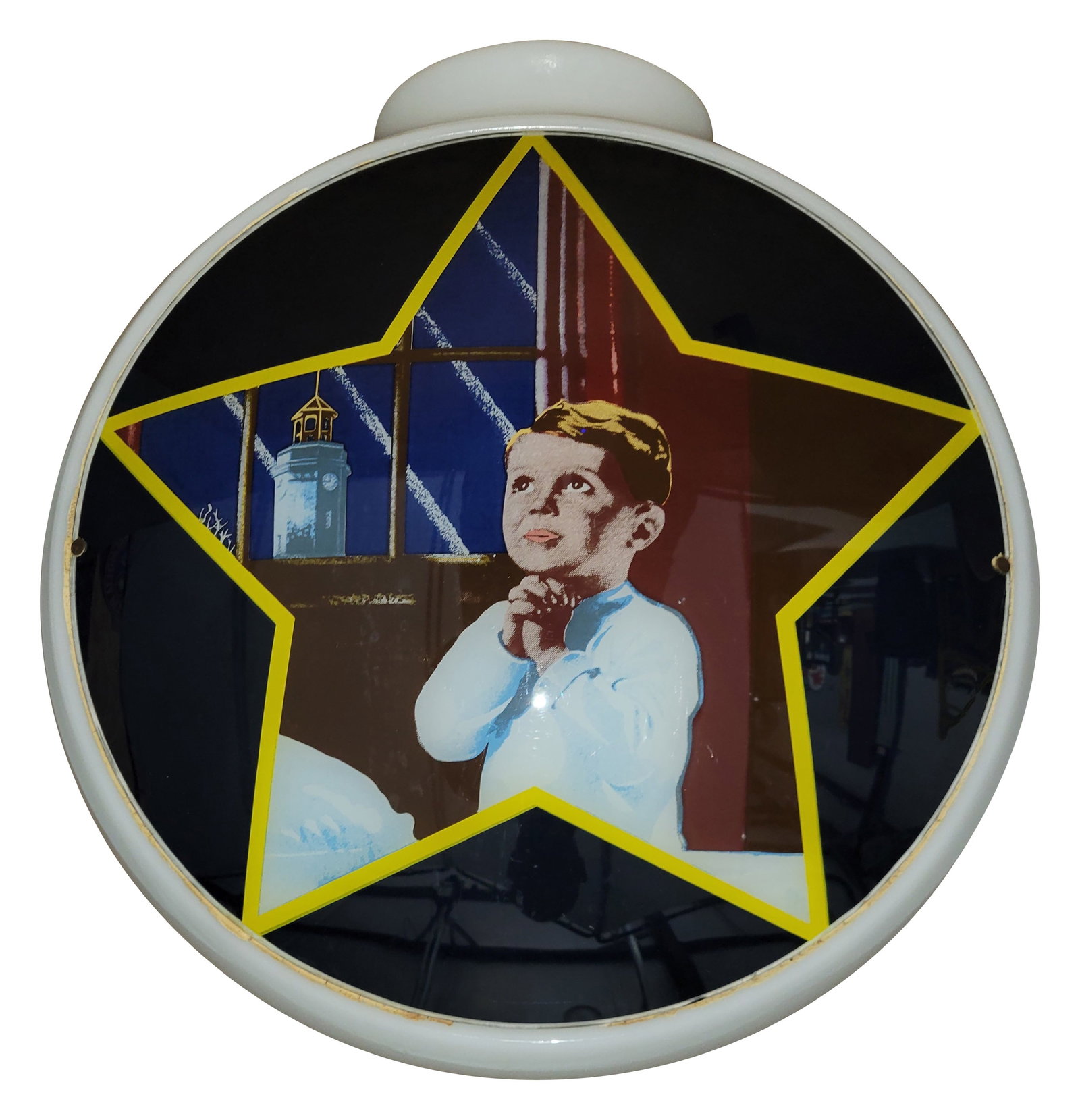 Moose Lodge Charity w/ Star & Boy Praying 13.5" Single Globe Lens w/ Wide Milk Glass Body: Single 13.5" lens mounted in a wide milk glass body. The lens has excellent color with light wear. The body is in very good condition.