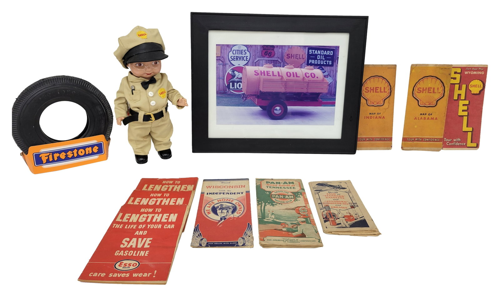 Firestone Tire Stand, Shell Buddy Lee Doll and Misc. Service Station Collectibles (1 of 4)
