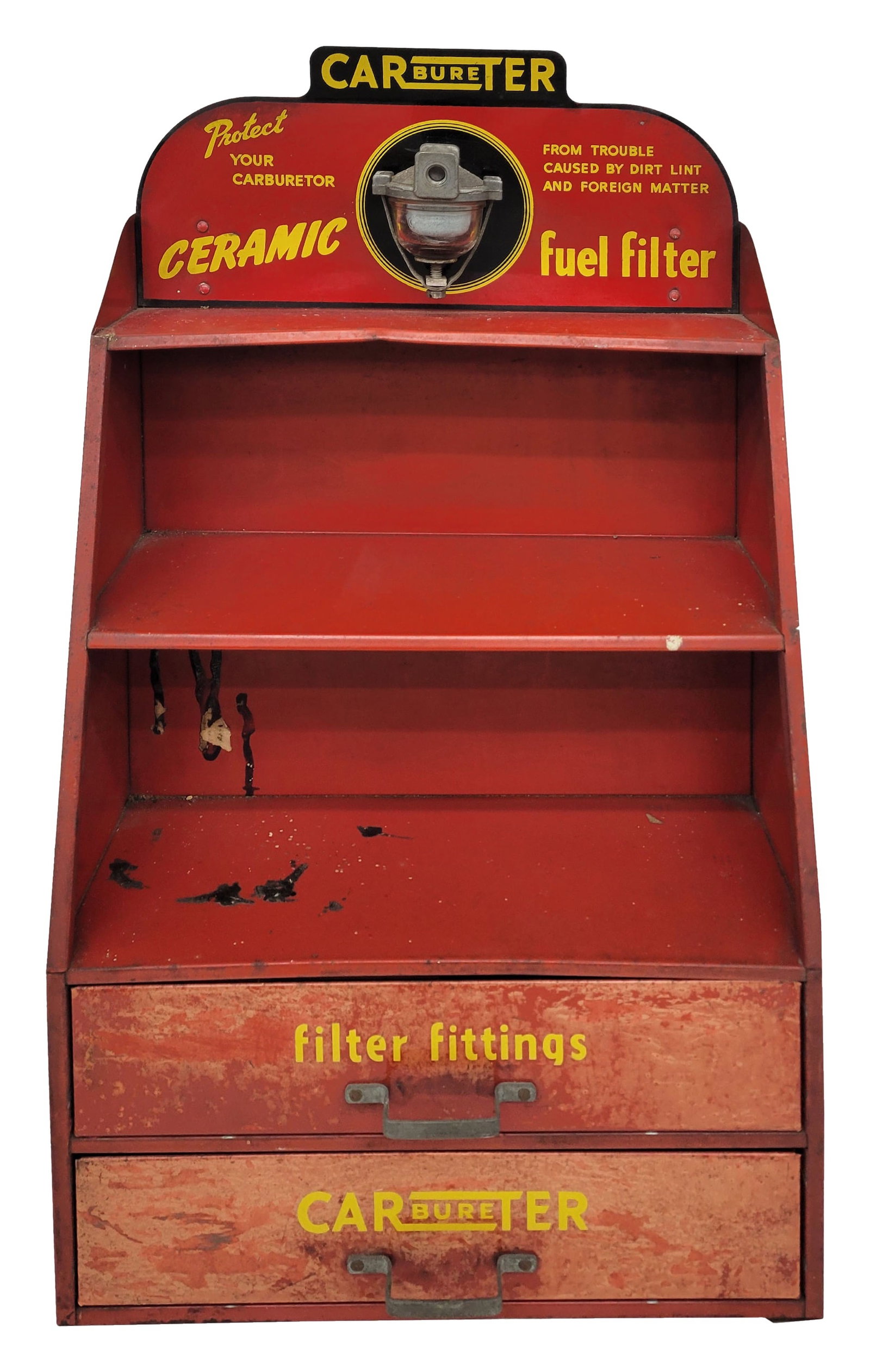 Carbureter Ceramic Fuel Filter Display Cabinet: 13" x 22.5" x 7" metal display cabinet features a carbureter at the top and 2 drawers at the bottom. The cabinet has normal signs of wear with scratches, errant paint, and small bends.