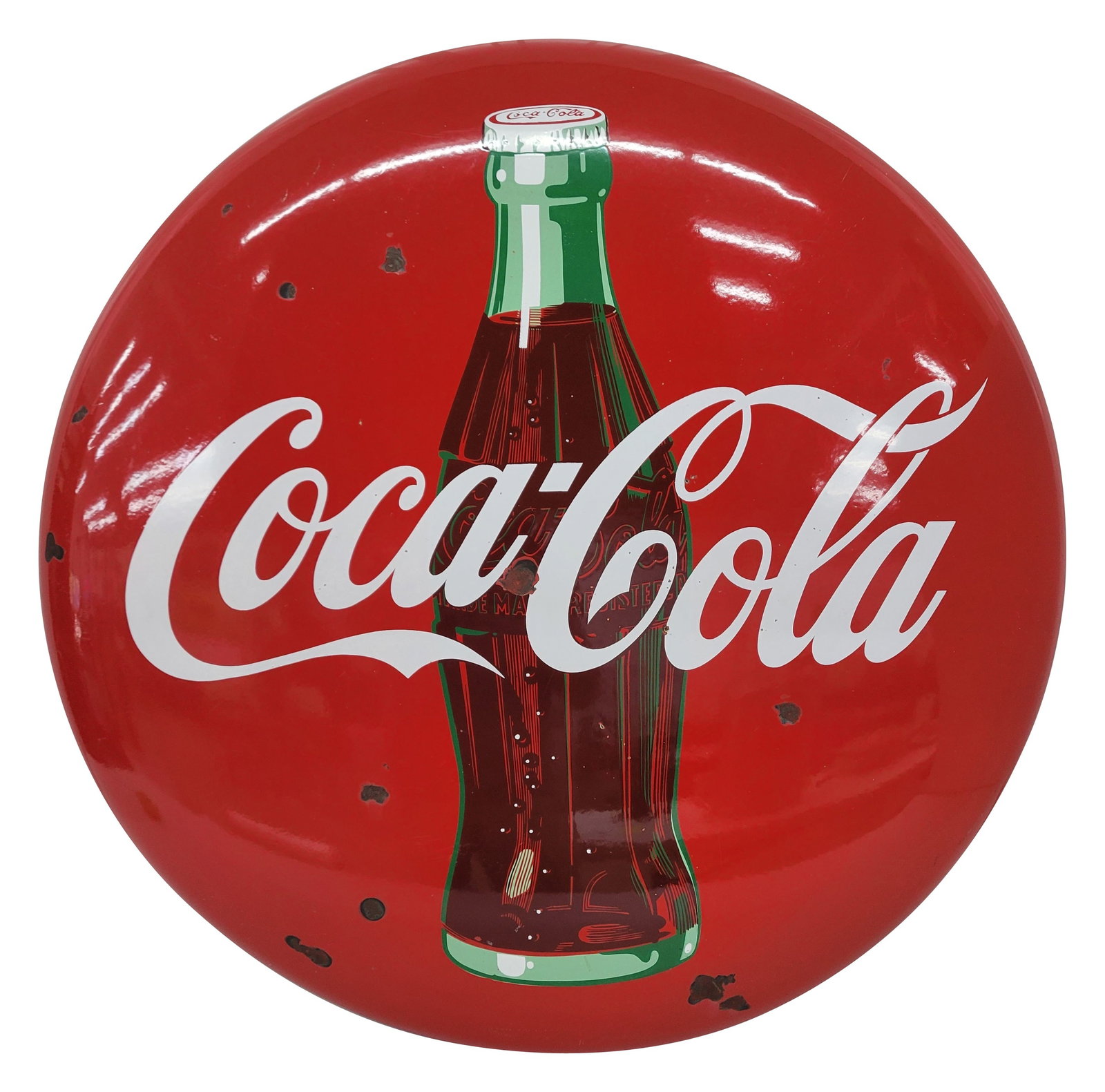 36" Coca Cola Porcelain Button Sign With Bottle: 36" porcelain button sign exhibits very good color and gloss featuring the iconic Coca Cola script logo and bottle. There are several dime to nickel sized chips scattered in the field and a larger o