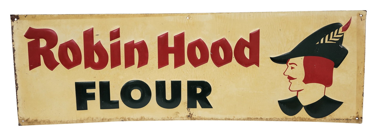 Robin Hood Flour Embossed SST Sign: 35.5" x 11.5" single sided tin sign features embossed letters and Robin Hood graphics. There are stains of the original packing paper visible throughout the surface with several small scratches. The s