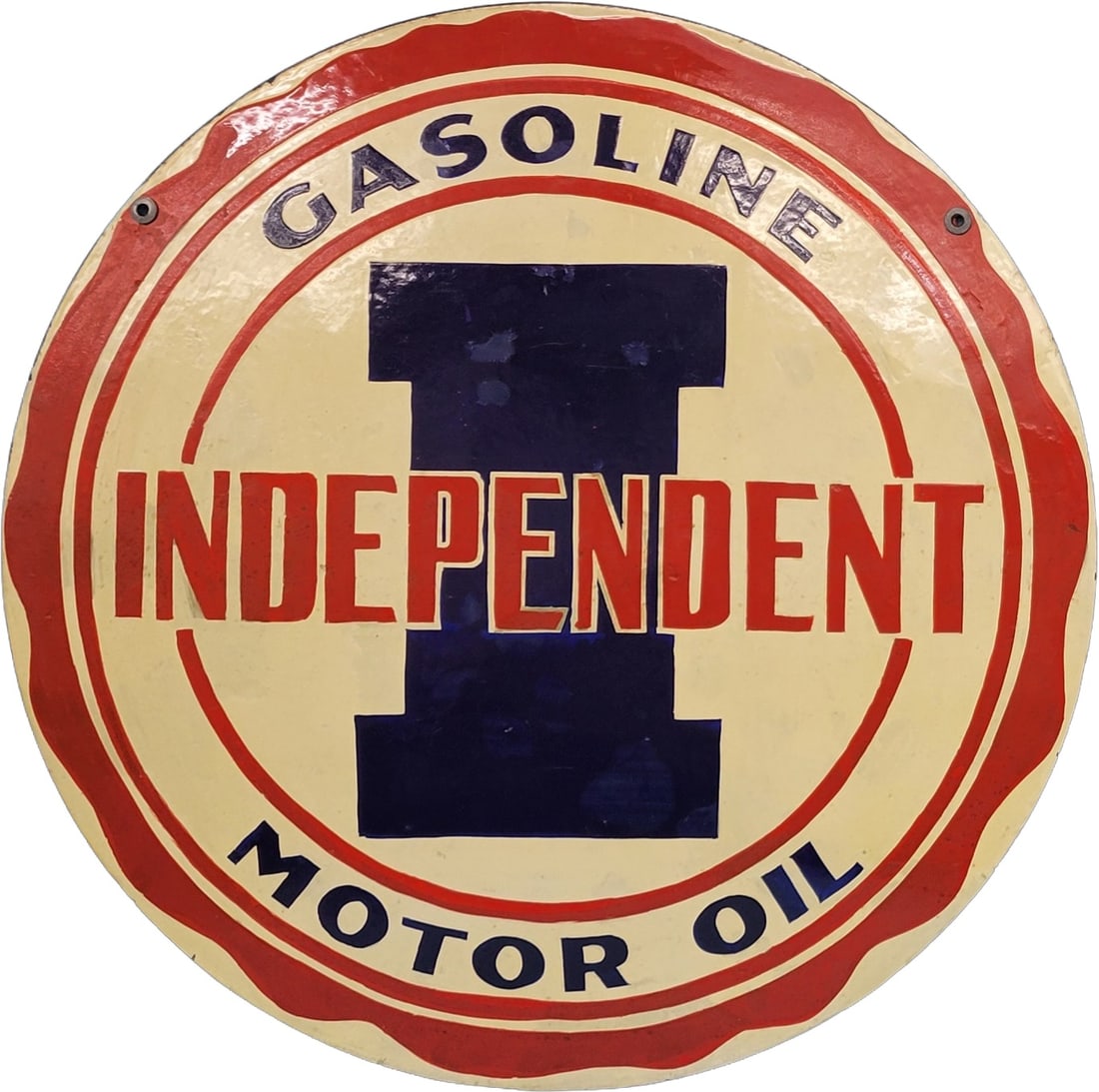 Independent Gasoline Motor Oil 30" DSP Sign: 29.5" D., DSP sign has been repainted clear-coated on both sides. The sign has good color with areas of surface imperfections, color-matched chips and an added clear coat to enhance the finish. The re