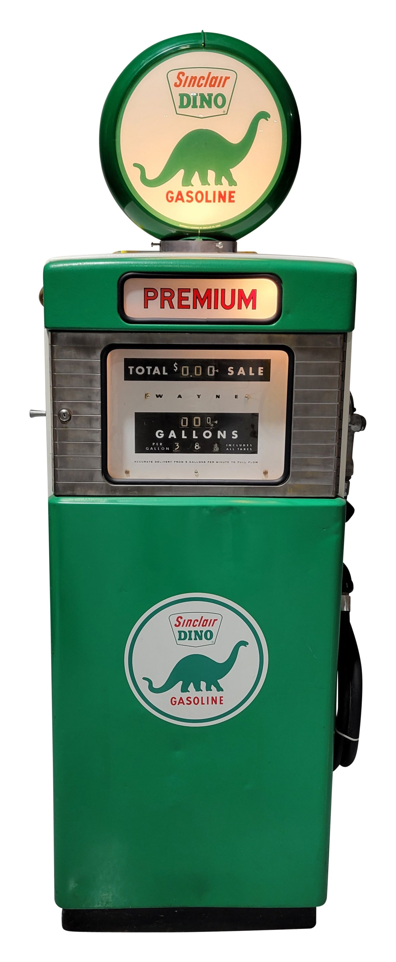Wayne Model #505 Computing Gas Pump Sinclair Gasoline: 75" T., Wayne Model #505 computing pump has been repainted. The pump exhibits general wear with wear, dents and pitting. The pump features Sinclair decals, contains lead signs, a hose, and a reproduct