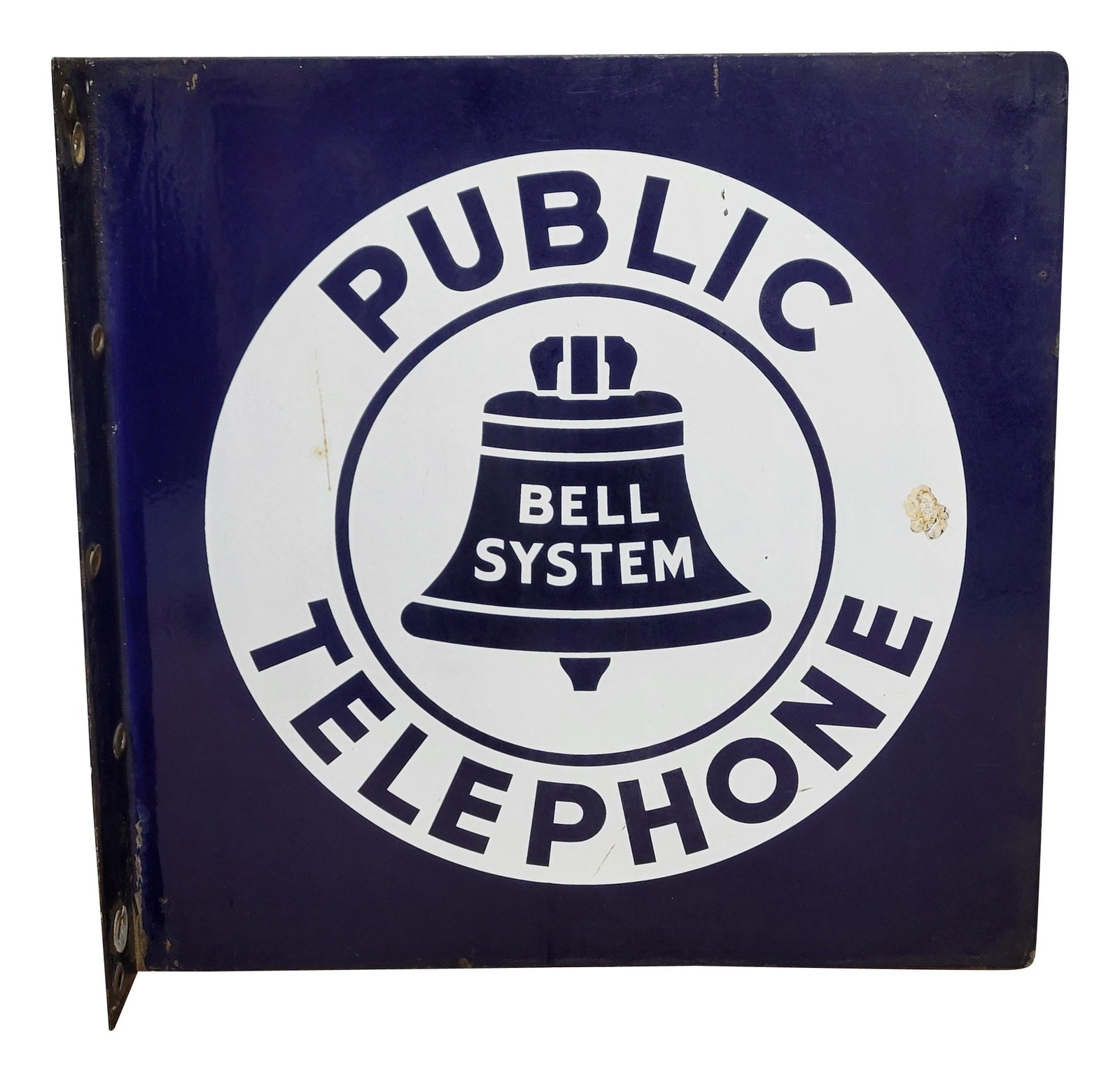 Bell System Public Telephone DSP Flange Sign: 18" x 18" double sided porcelain sign displays good gloss with moderate oxidation throughout each side. There is a 1" ding with chips that has been touched up with white paint on each side. The flange
