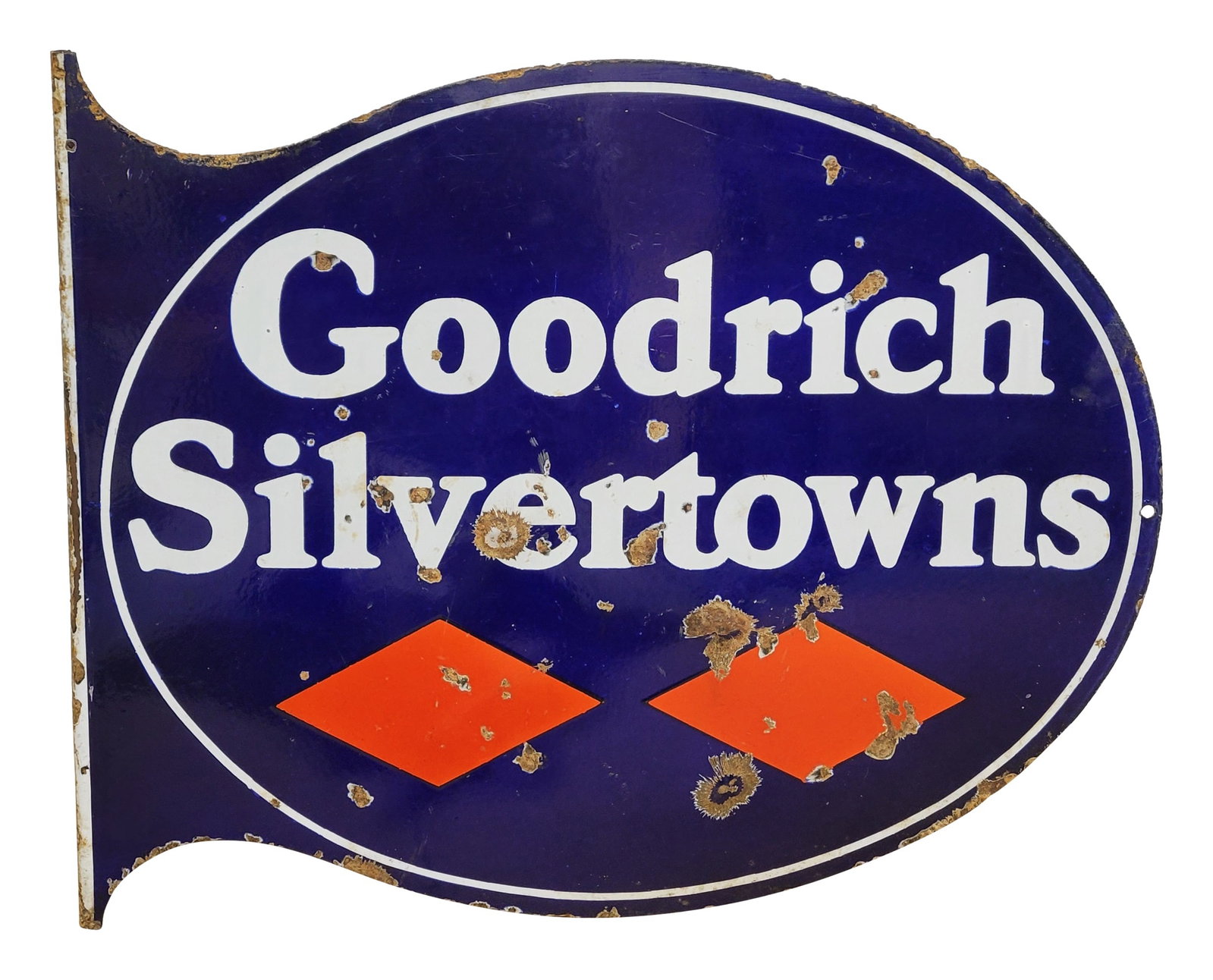 Goodrich Silvertowns DSP Flange Sign: 23" x 19" double sided porcelain flange sign displays wear throughout each side with bullet dings, chips, scratches, and surface rust. The flange section has porcelain loss, rust, and dirt throughout.