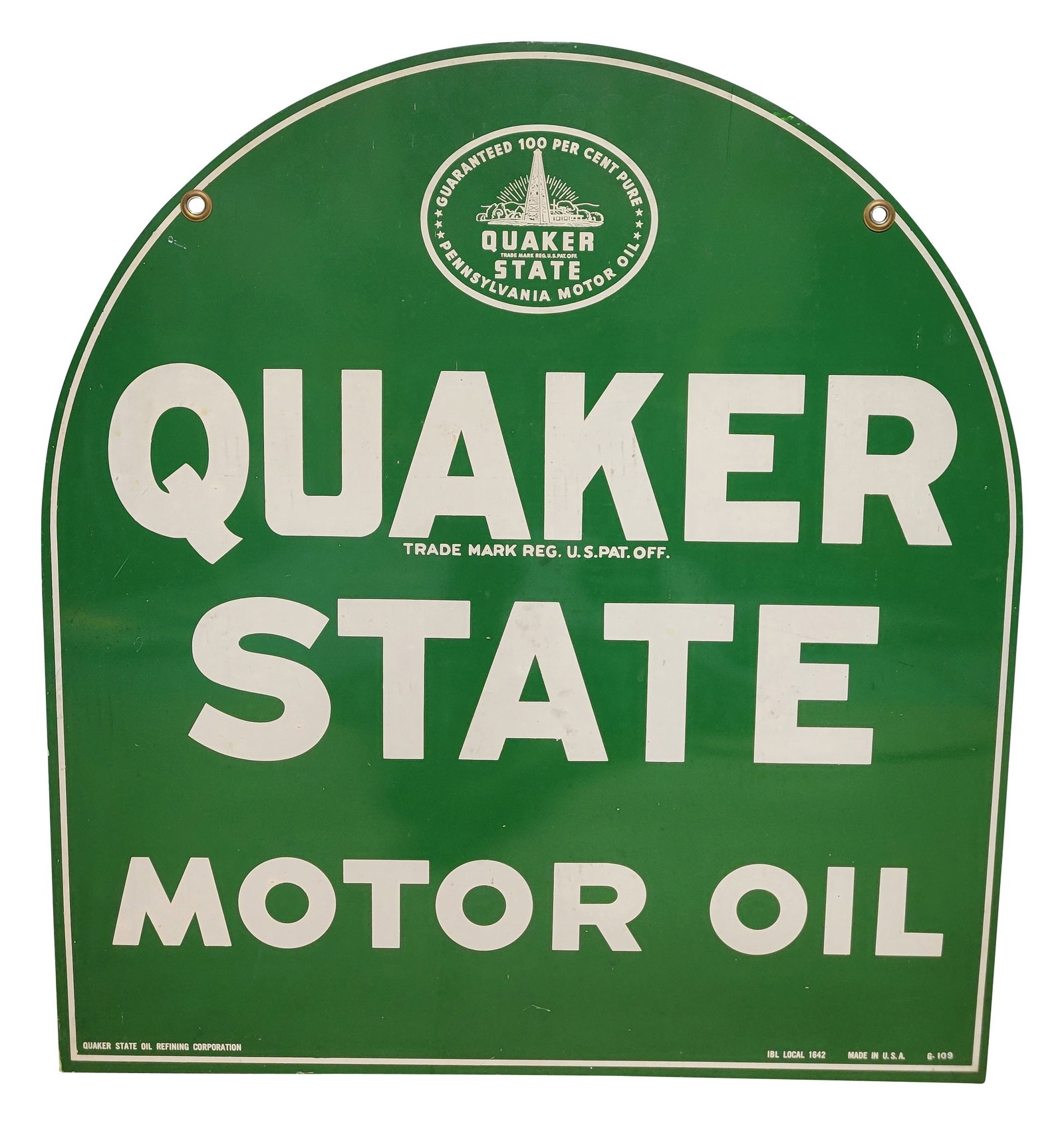Quaker State Motor Oil DST Tombstone Sign: 26.5" x 29" double sided tin tombstone sign exhibits light marks on the surface throughout each side with minor scuffs and scratches. There are several light stains in the white lettering. Quaker