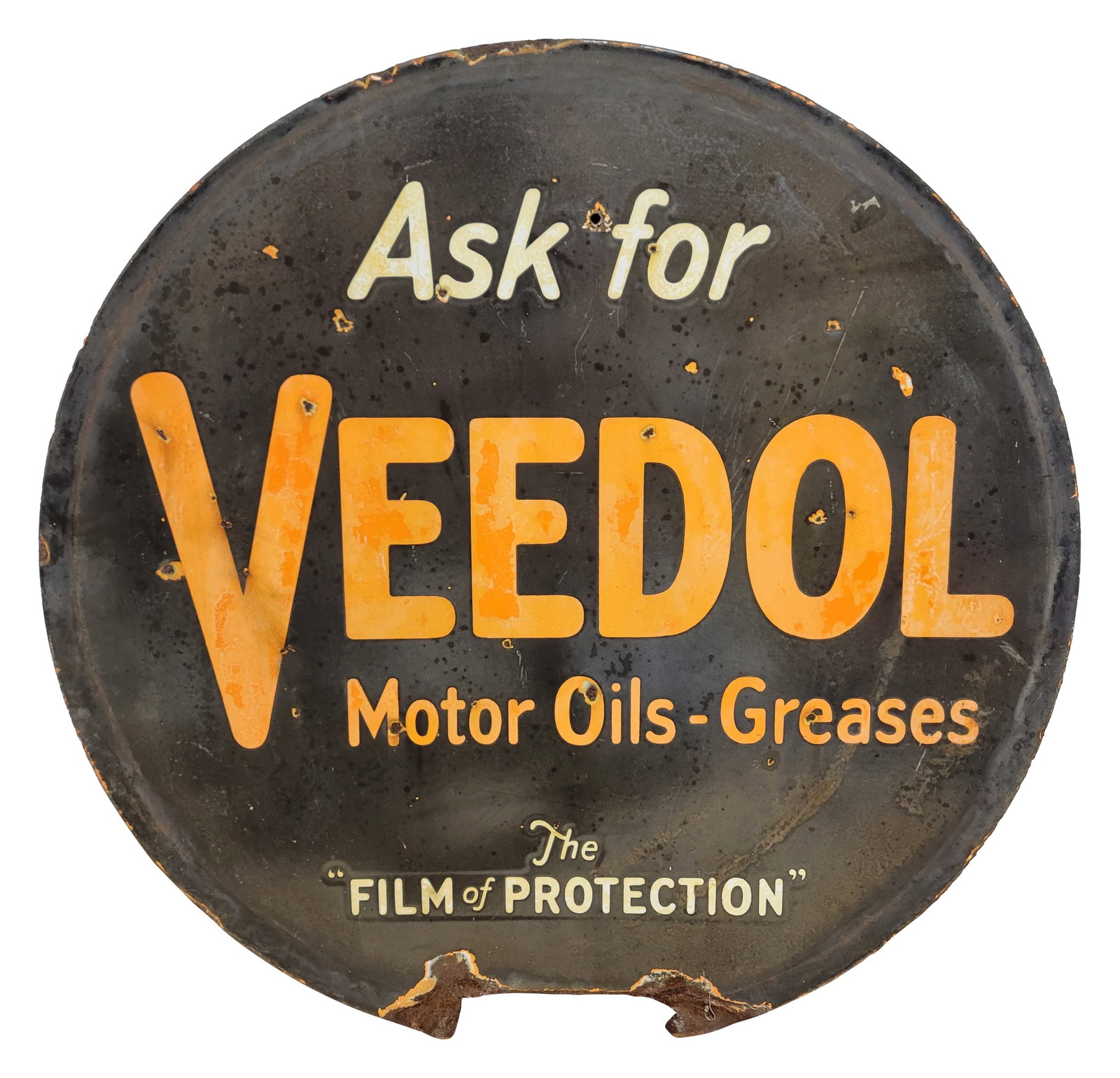 Ask For Veedol Motor Oils Greases DSP Sign: 24" double sided porcelain sign exhibits general wear throughout each side with oxidation, fading, scratches, chips and rust. The lower edge has missing metal and heavy rust.