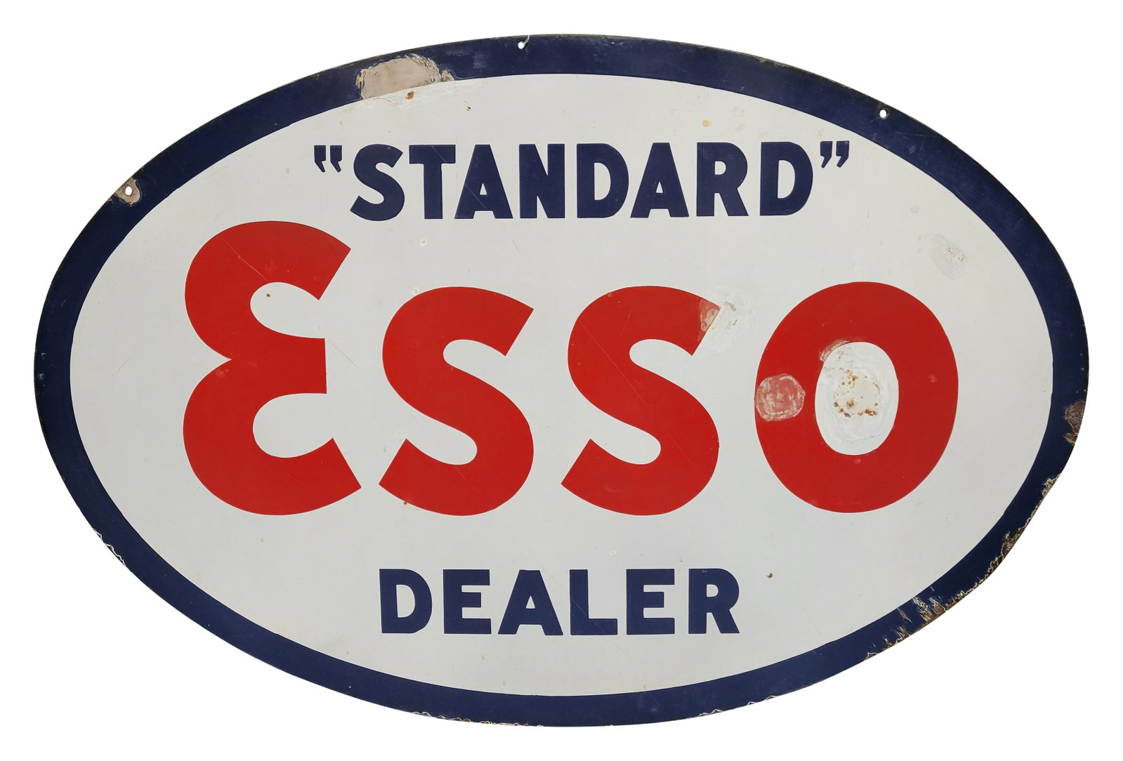 Standard Esso Dealer 5' DSP Sign "Minor": 40" x 60", DSP sign has good color. The display has areas of surface wear with color-matched chips in the right fields, outer fields and upper left edge. The outer edges have areas of chipping with a