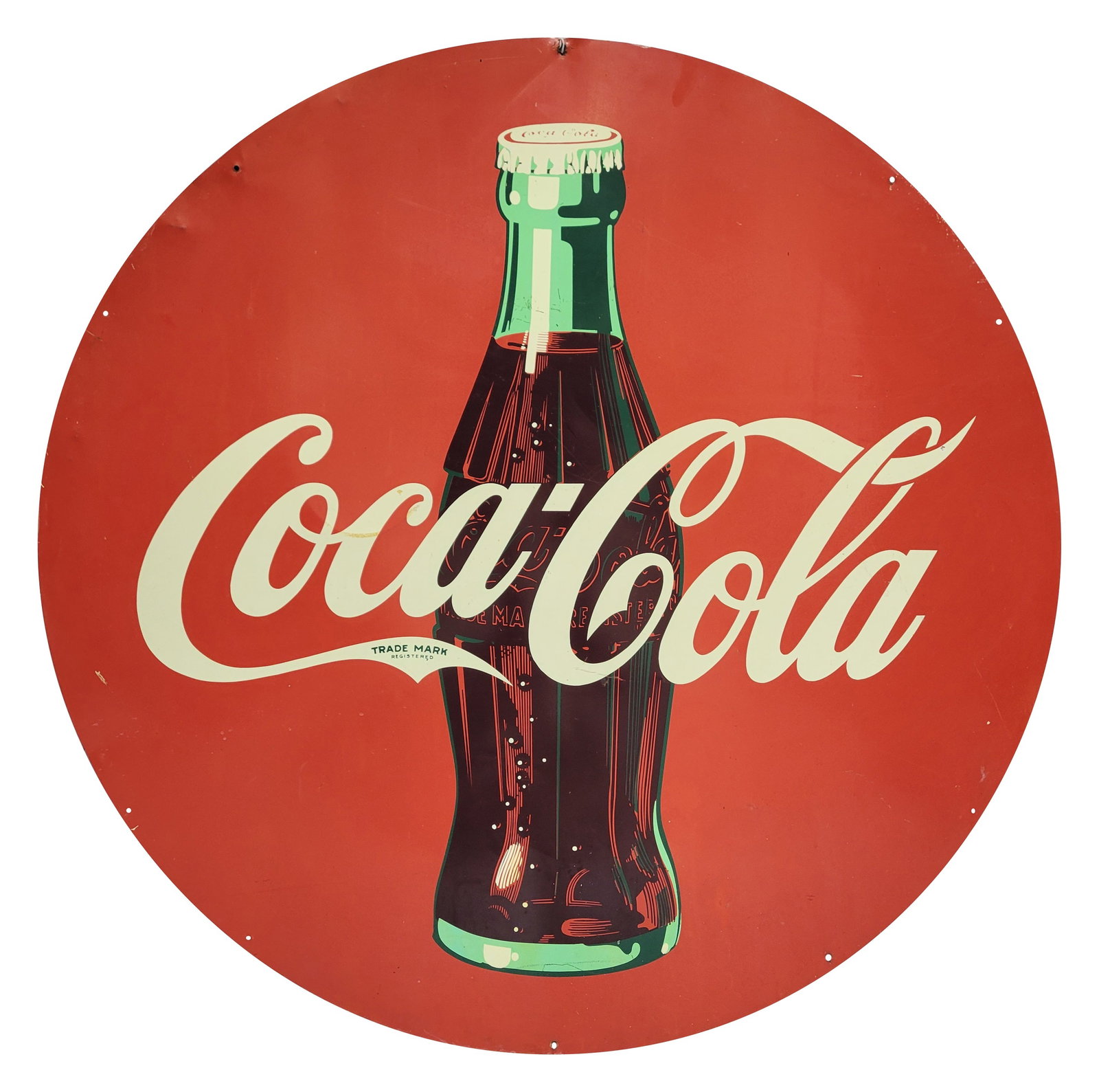 Coca Cola 45.5" SST Sign w/ Bottle: 45.5" D., AGE UNKNOWN SST Coke sign has good color and shine. The display has small scuffs and fine scratches. The perimeter has edge bends.