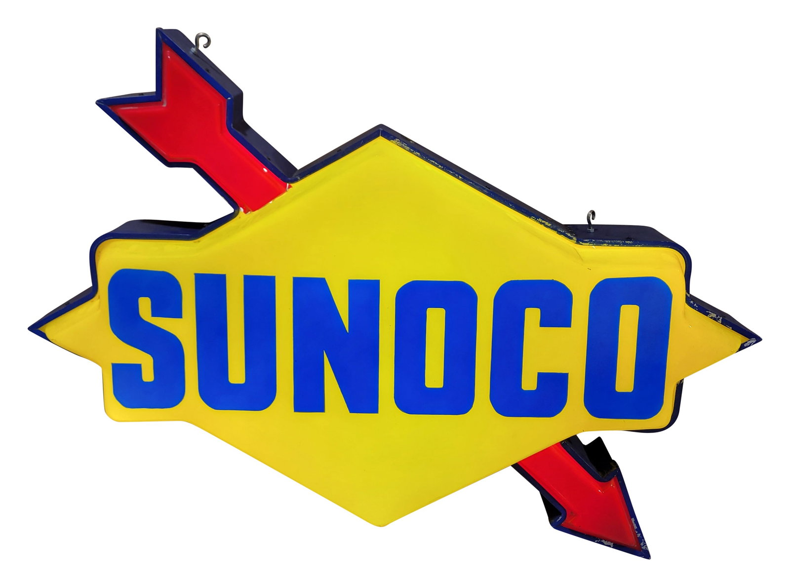 Sunoco Light Up Service Station Sign: 44" x 25.5"x 7" working illuminated plastic sign displays excellent color with minor scuffs on the plastic face. The metal housing exhibits signs of wear along the front edges with chipped paint.