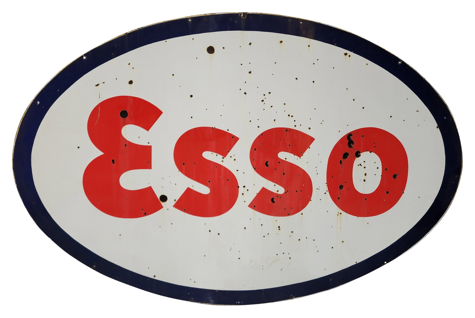 Esso Gasoline DSP ID Sign: 59" x 89", DSP sign has good color. The display has lower gloss with general wear, numerous chips and discoloration. The reverse is in a similar condition. Marked I.R. 52.