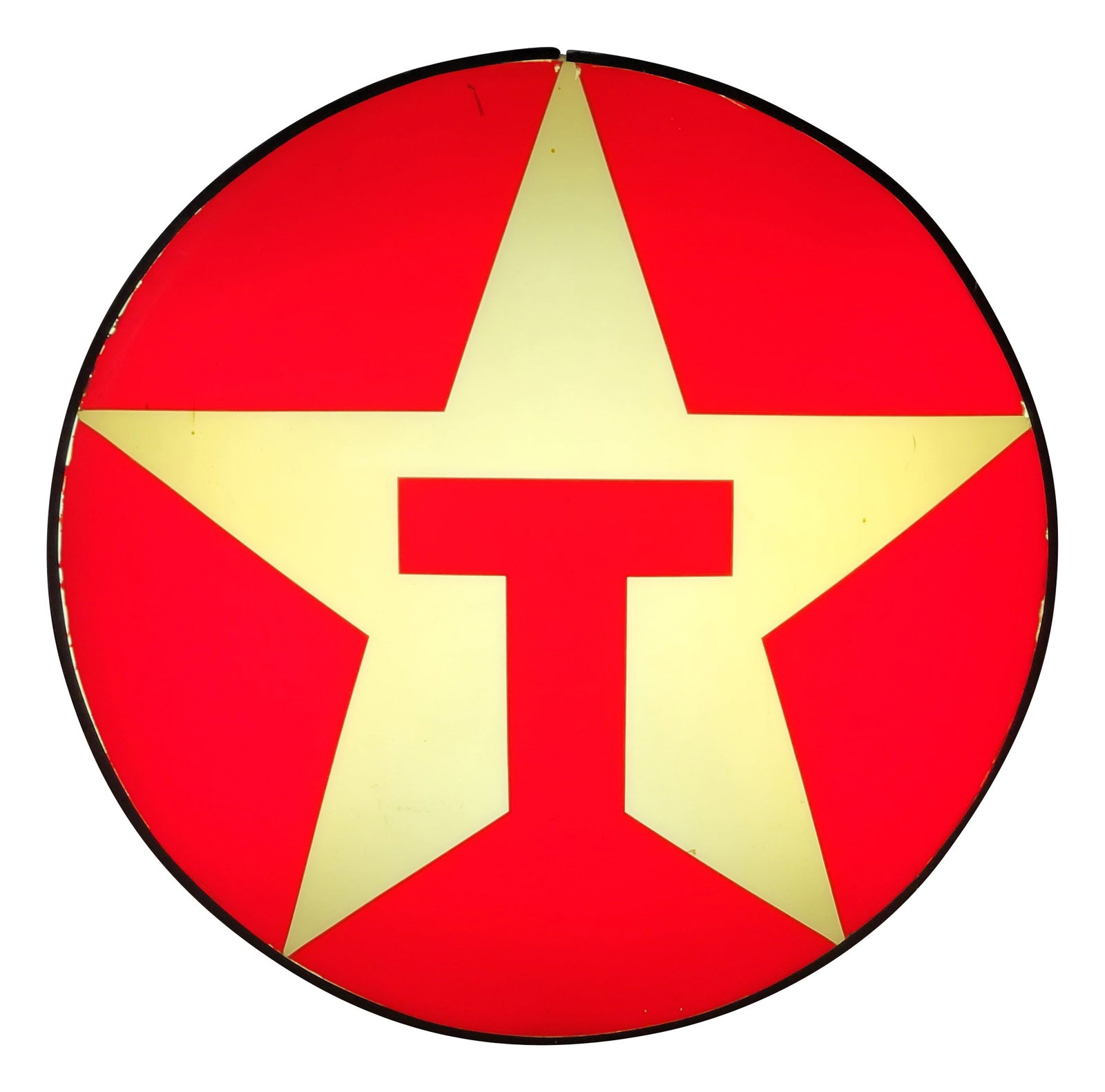 Texaco Light Up Plastic Service Station Sign: 33" x 9" illuminated working sign has a plastic dome face that shows standard wear, including scuffs, scratches, and discoloration. When plugged in, the sign lights up and there are some areas along