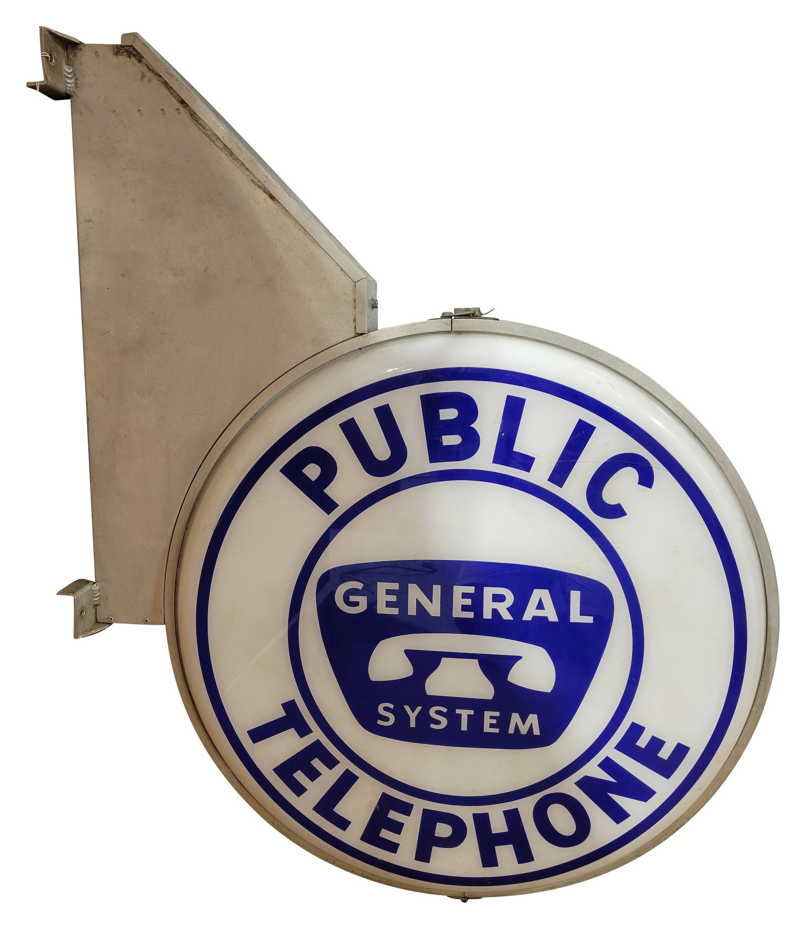 General System Public Telephone Double Sided Light Up Sign: 28" x 36" x 6" working illuminated sign features a plastic face on each side. The sign lights when plugged in and displays very good color with minor scuffs. One side has an area at the bottom with fl