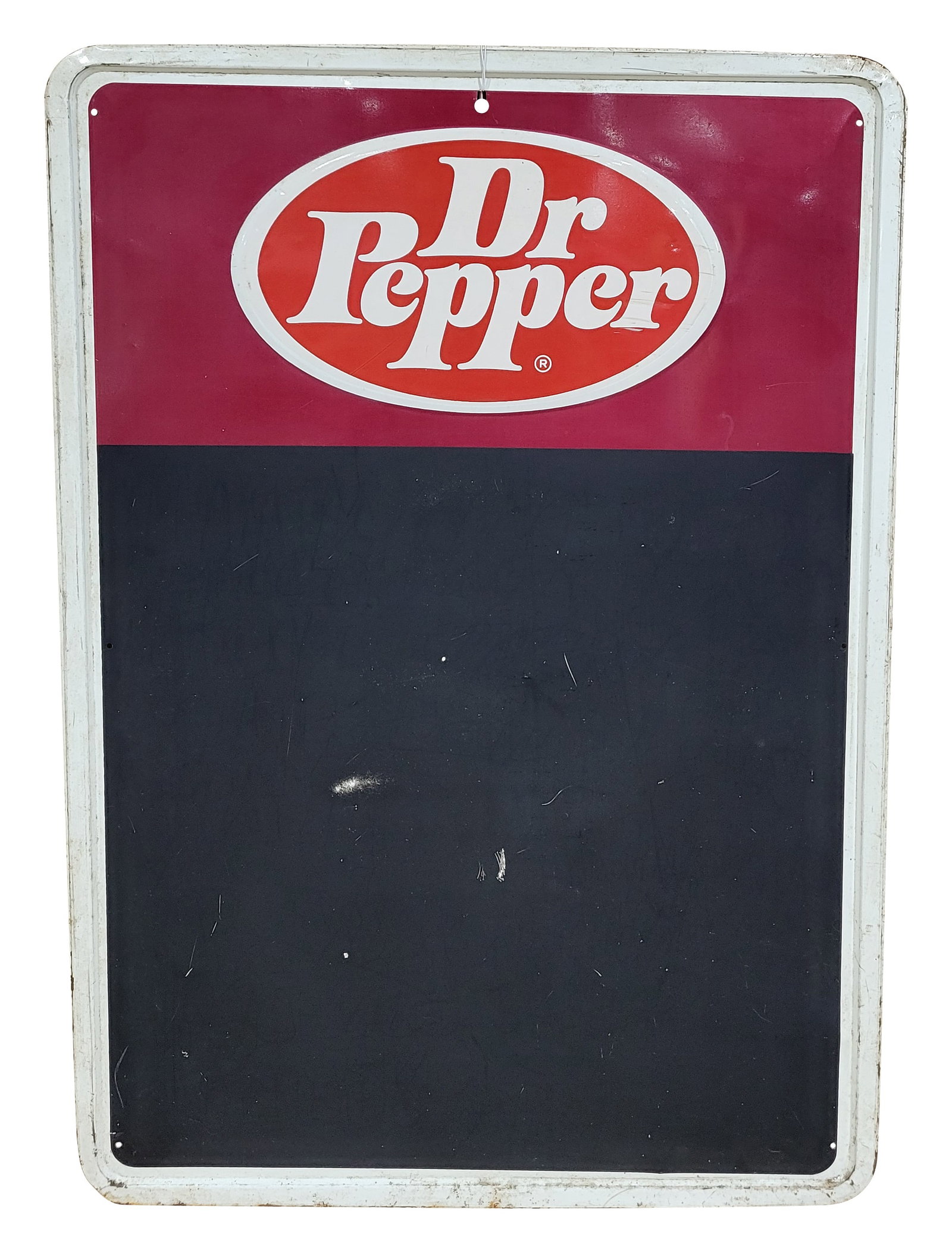 Dr Pepper Embossed Menu Board: 18.75" x 26.75" single sided tin menu board sign features an embossed logo. There is wear visible throughout the blackboard area and perimeter.